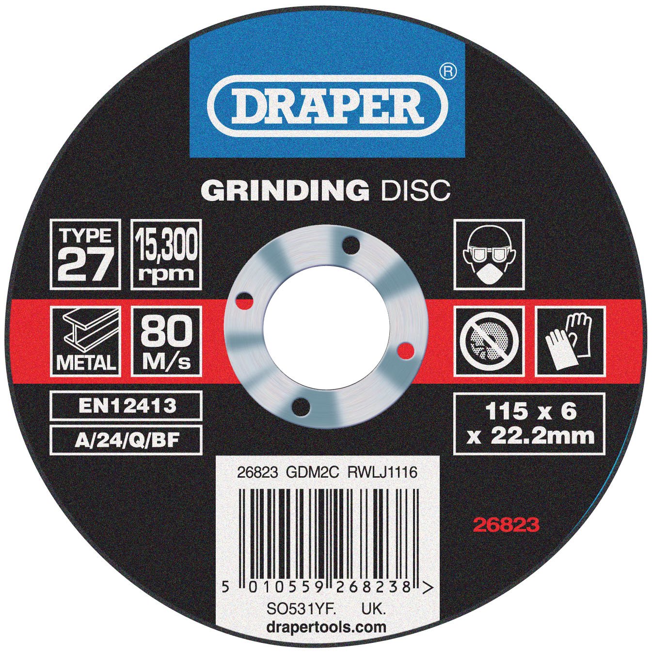 Draper 26823 Grinding Disc With Depressed Centre Bore (115 X 6 X 22.2Mm)
