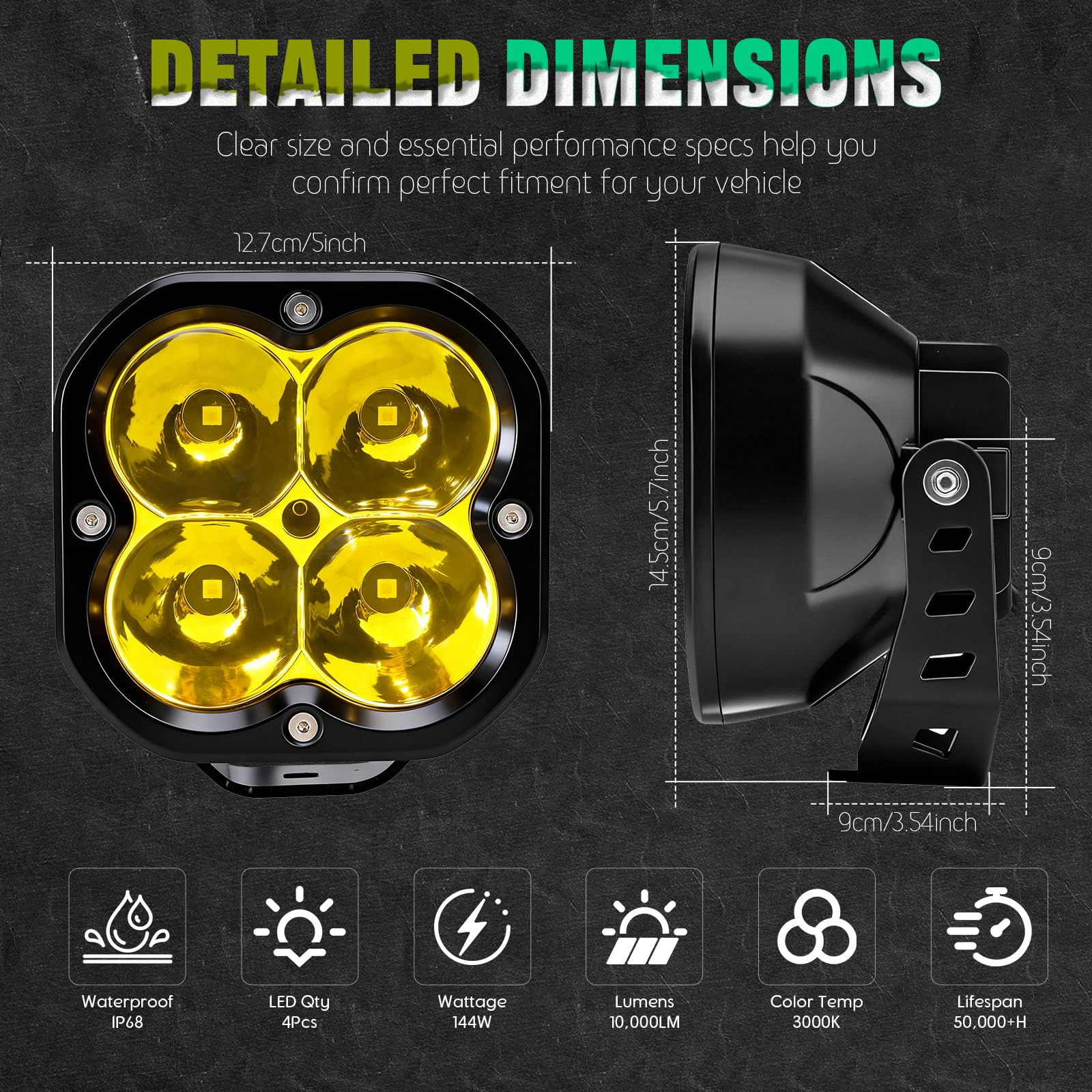 Chelhead Dodatkowe reflektory LED do jazdy w terenie 12,7 cm (5 cali) 10000 lm żółty/bursztynowy koncentrat wiązki, format sześcienny z wodoodpornym złączem DT, IP68, kompatybilne z SUV, ciężarówkami