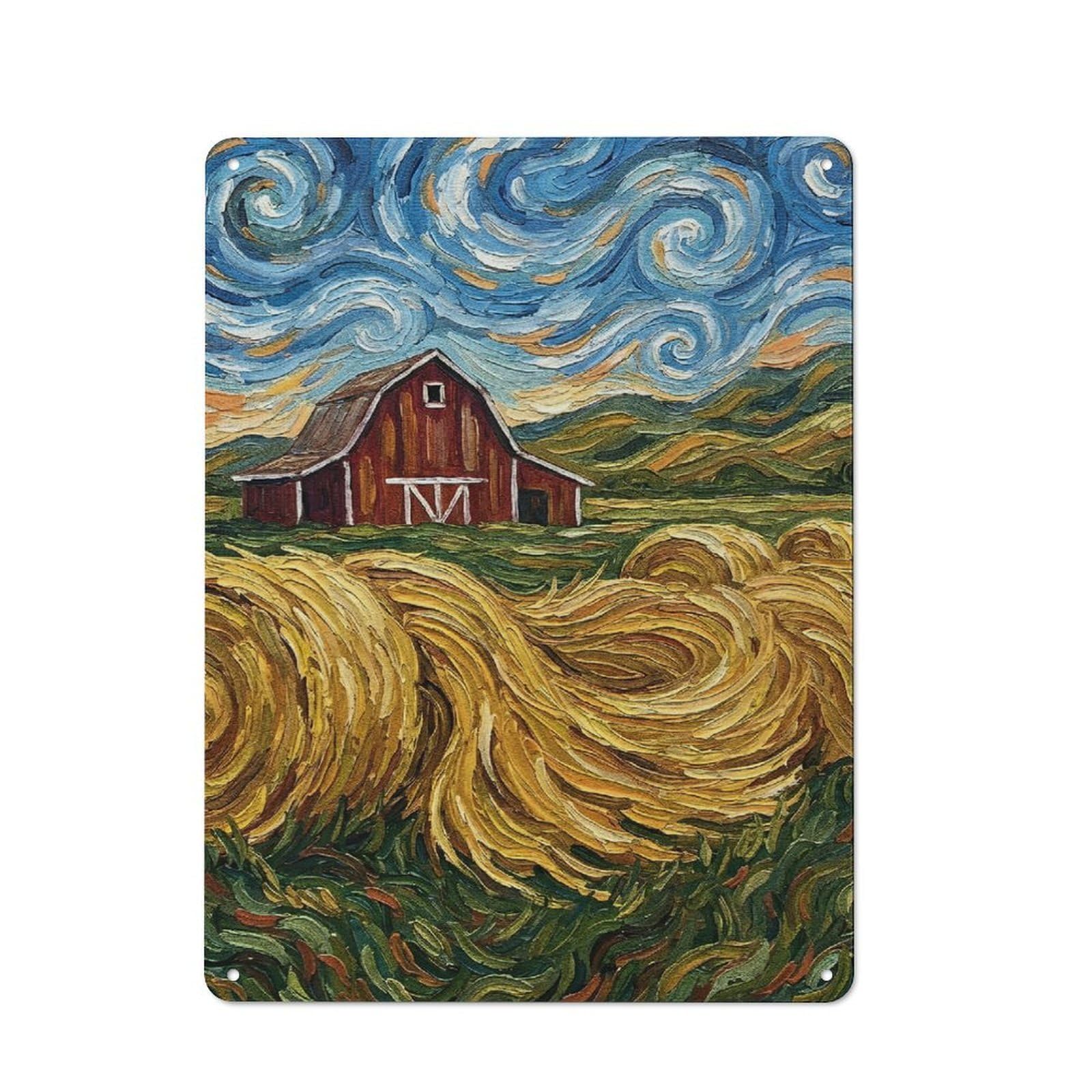 Junmoney Style-23 Impressionistic Barn And Hay Bales Painting Vintage Metal Sign 40X30cm, Shop Front Style Cafe Wall Decor For Takeaway, Bar, Kitchen Or Counter Area