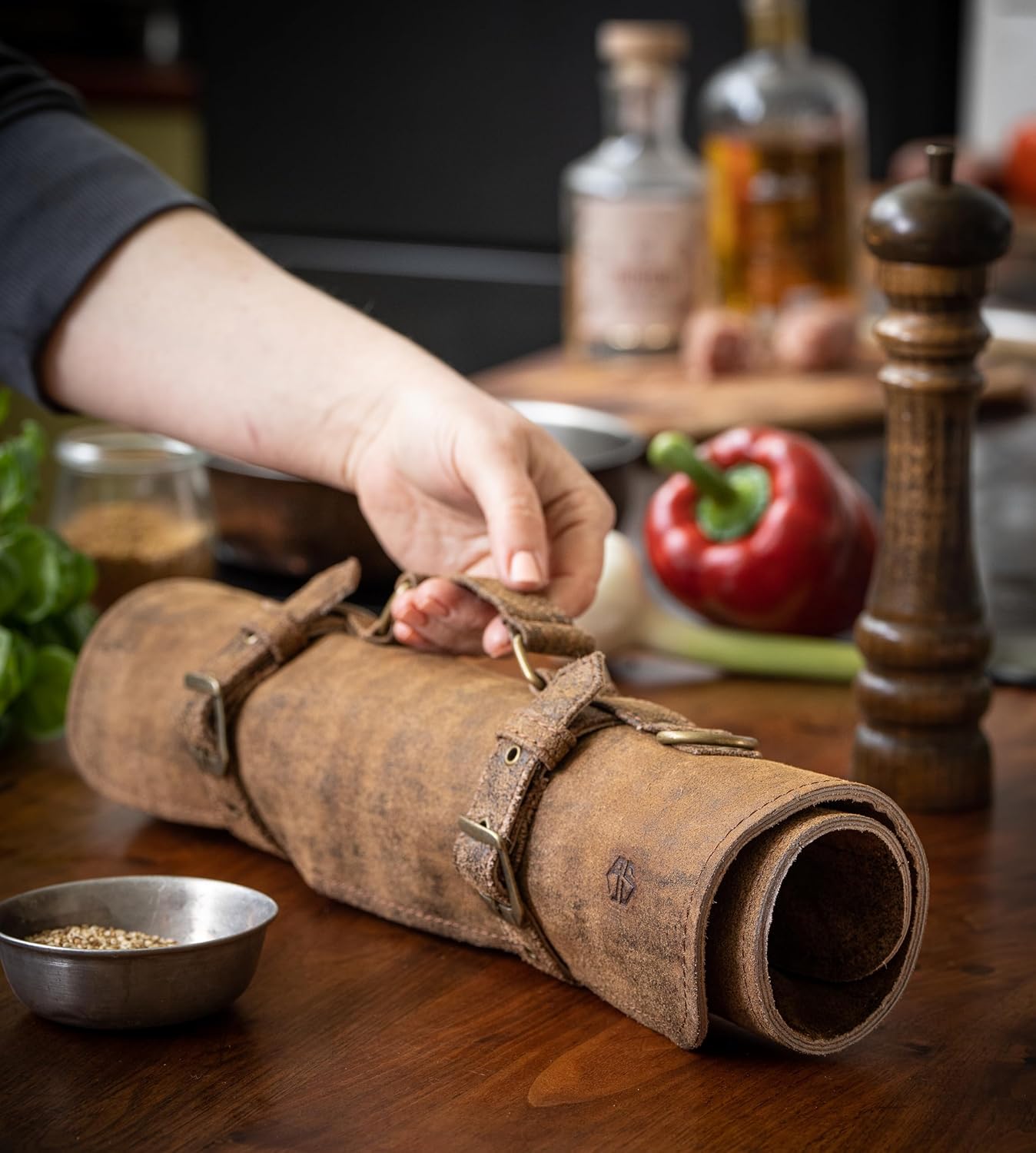 Angus Stoke Knife Roll Bag Genuine Leather – knife case for Chefs 7 slots – Leather Knife with handle and strap Frank (Brown-Antique)