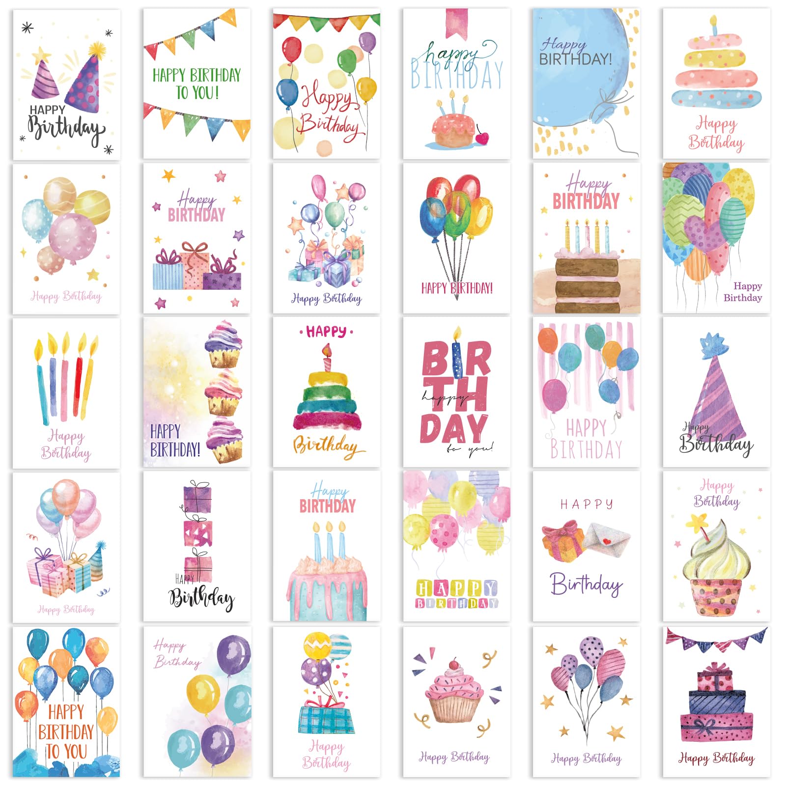 30 Watercolour Birthday Cards with Envelopes, Happy Birthday Cards Multipack with 30 Unique Designs, Assorted Birthday Greeting Card Set made from Recycled White Kraft Paper, Suitable for All Pens