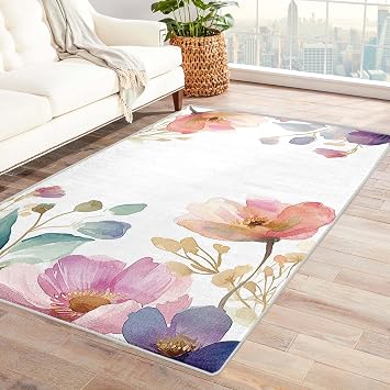 Washable Rug 2x3, Watercolour Floral Rugs for Entryway Bedroom Living Room, Flower Area Rug, Non-Slip Soft Low Pile Rug, Plant Carpet, Indoor Floor Rug for Home Decor Gr-&82