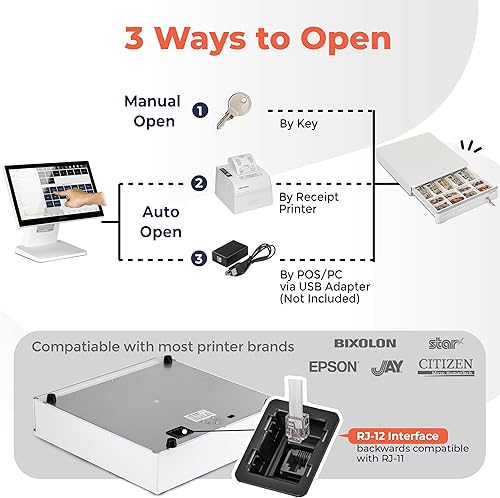 Miniatura 4 de Cajón de caja registradora para punto de venta sistema POS con esquinas redondas de 16 pulgadas, bandeja extraíble para monedas, 5 billetes 8