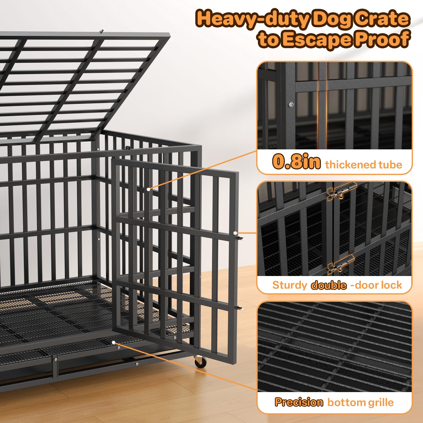 IronovaPets 48 Inch Heavy Duty Dog Crate, Indestructible Escape-Proof Dog Kennel for High Anxiety Large Dogs, Strong Carbon Steel Metal Cage with Double Doors, Lockable Wheels & Removable Tray - image 2