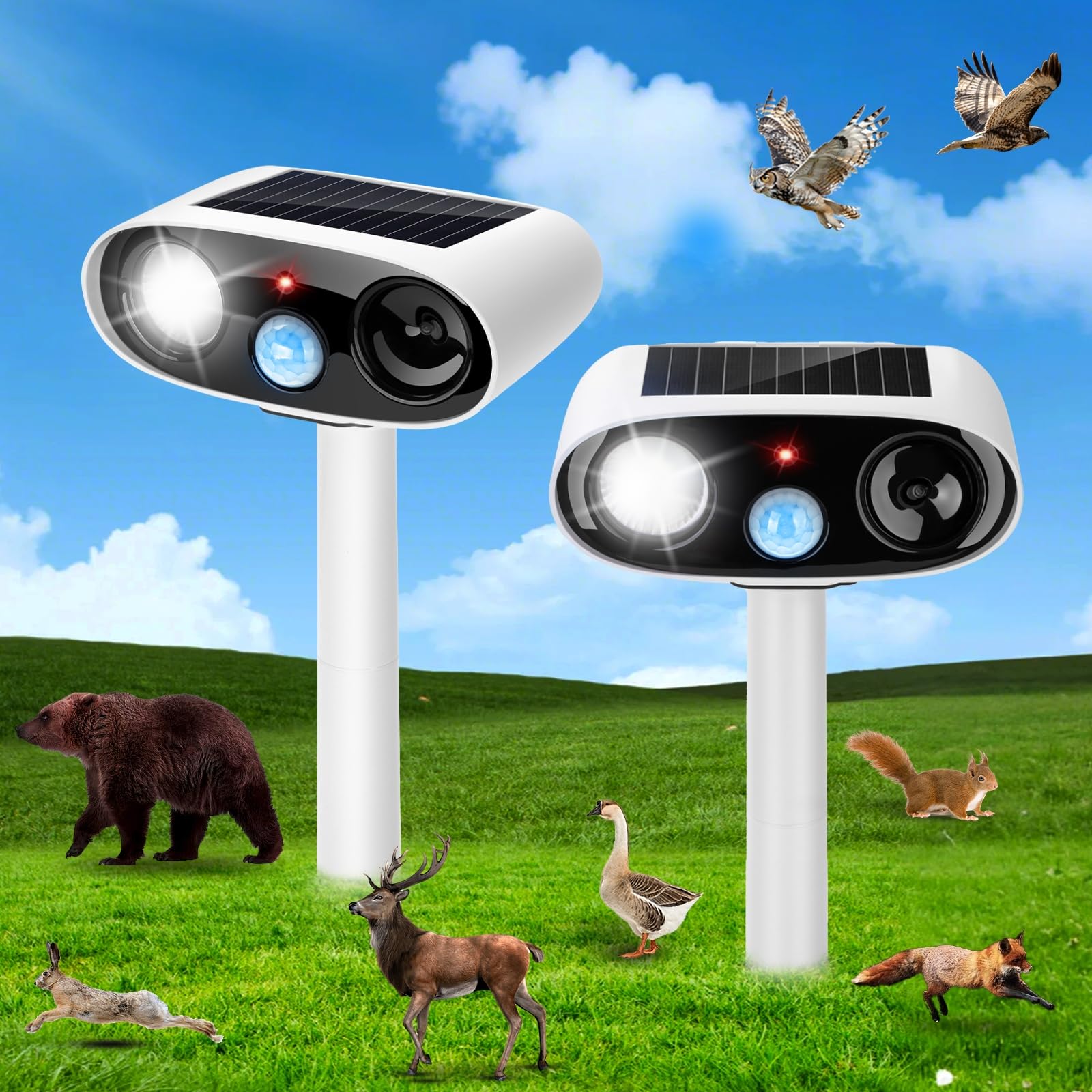 2026 Solar Ultraschall Tiervertreiber Outdoor Hirsch Katzenschreck Geräte, 2 Pack Wasserdicht Ultraschall Tiervertreiber Abschreckung Kontrolle für Kaninchen Vogel Waschbär Hund Eichhörnchen außerhalb