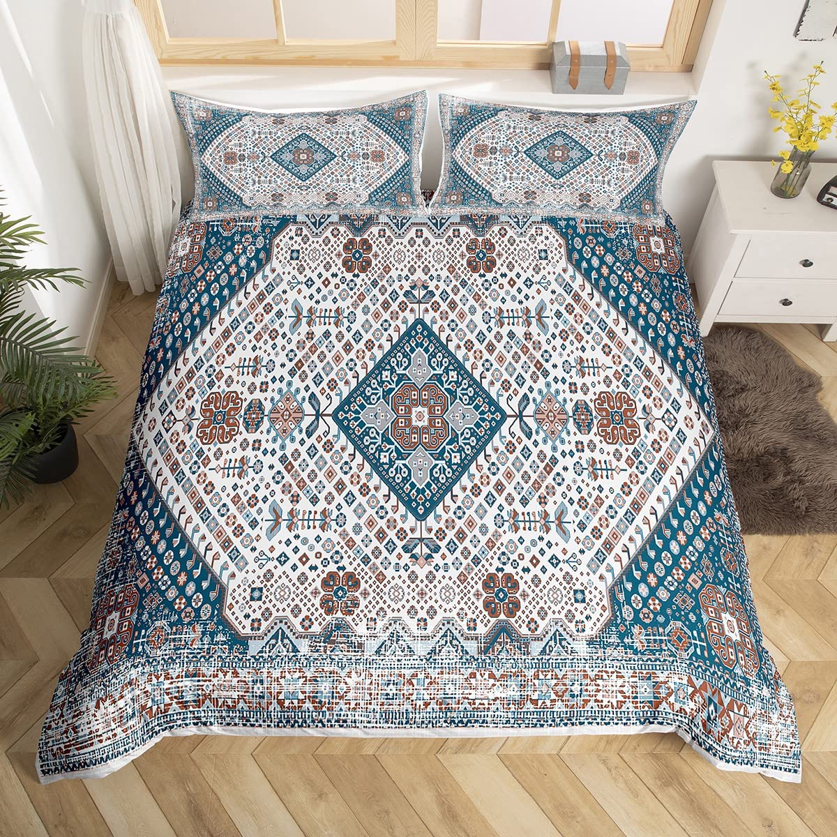 Funda de edredón Bohemia súper King, Juego de Ropa de Cama de Mandala Azul y marrón, Bohemio, Retro, Floral, exótico, Tribal, Vintage, medallón de Damasco Antiguo, decoración de Dormitorio