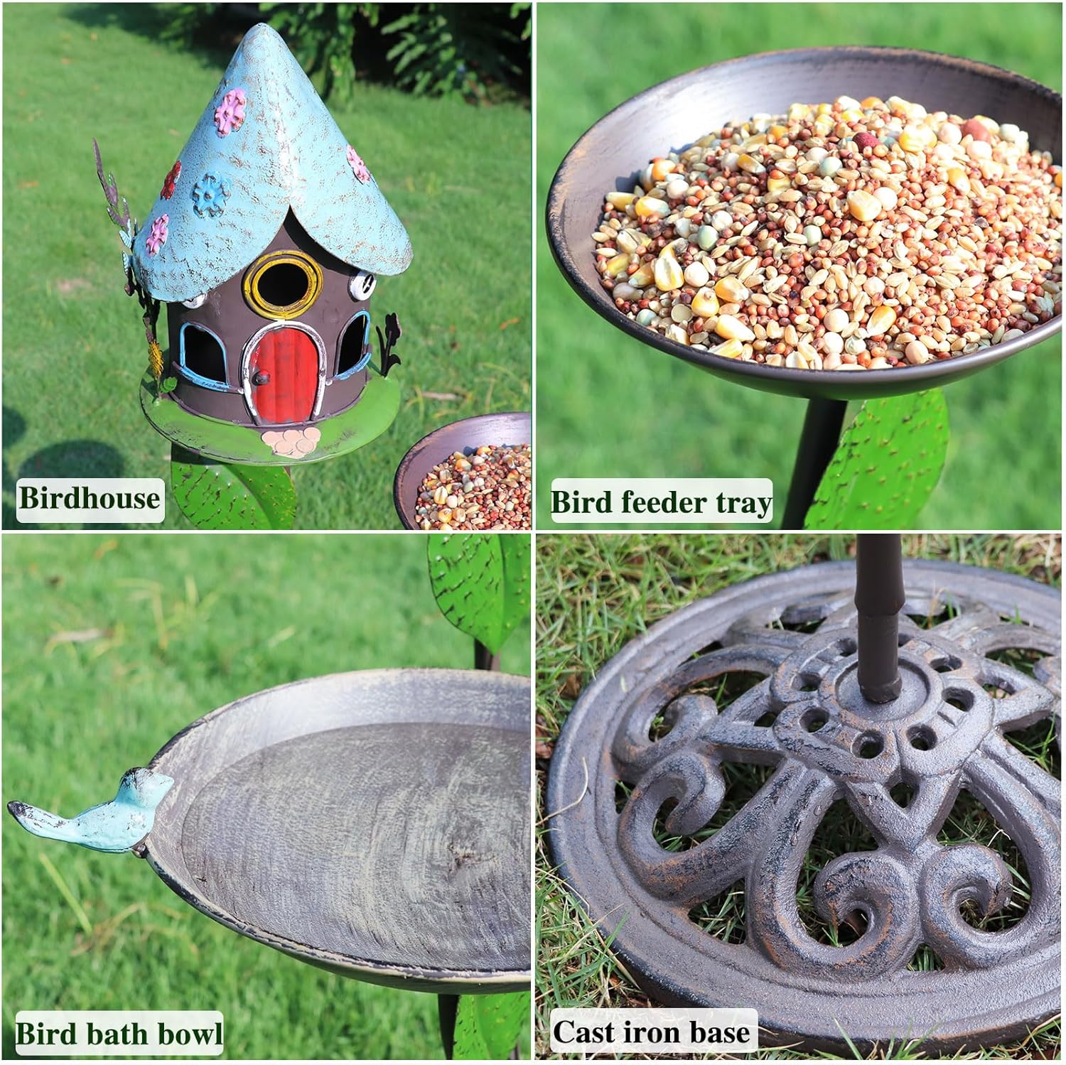 38" H Cast Iron Pedestal Bird Bath, Bird Baths for Outdoors with Metal Bird House Bird Feeder 3-in-1, Garden Yard Lawn Decor