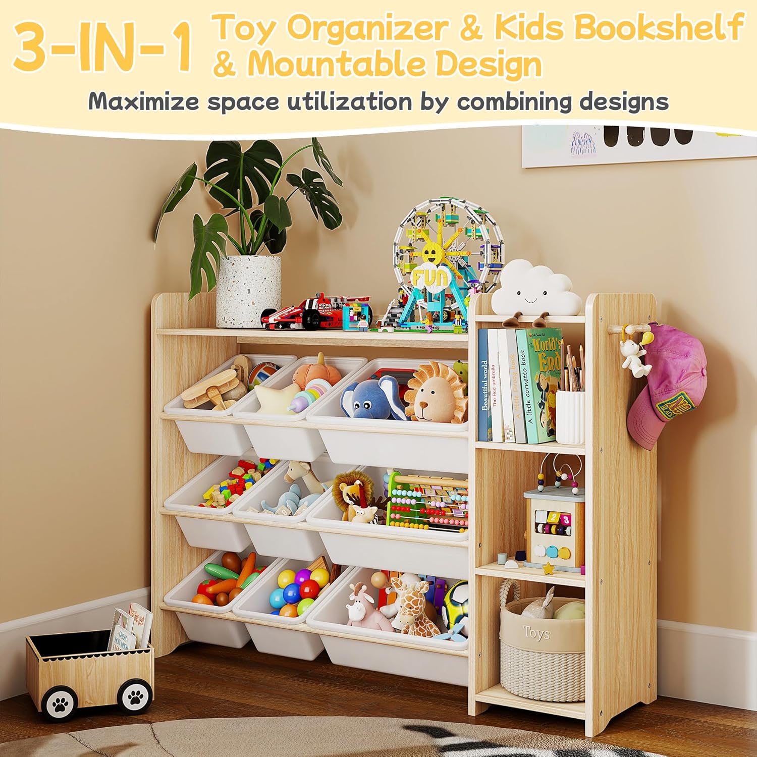 Kids Toy Storage Organizer, Wooden Shelf with 3 Tiers and 9 Storage Bins, Nursery Room Organizer for Books and Toys, White and Natural Wood - Image 3