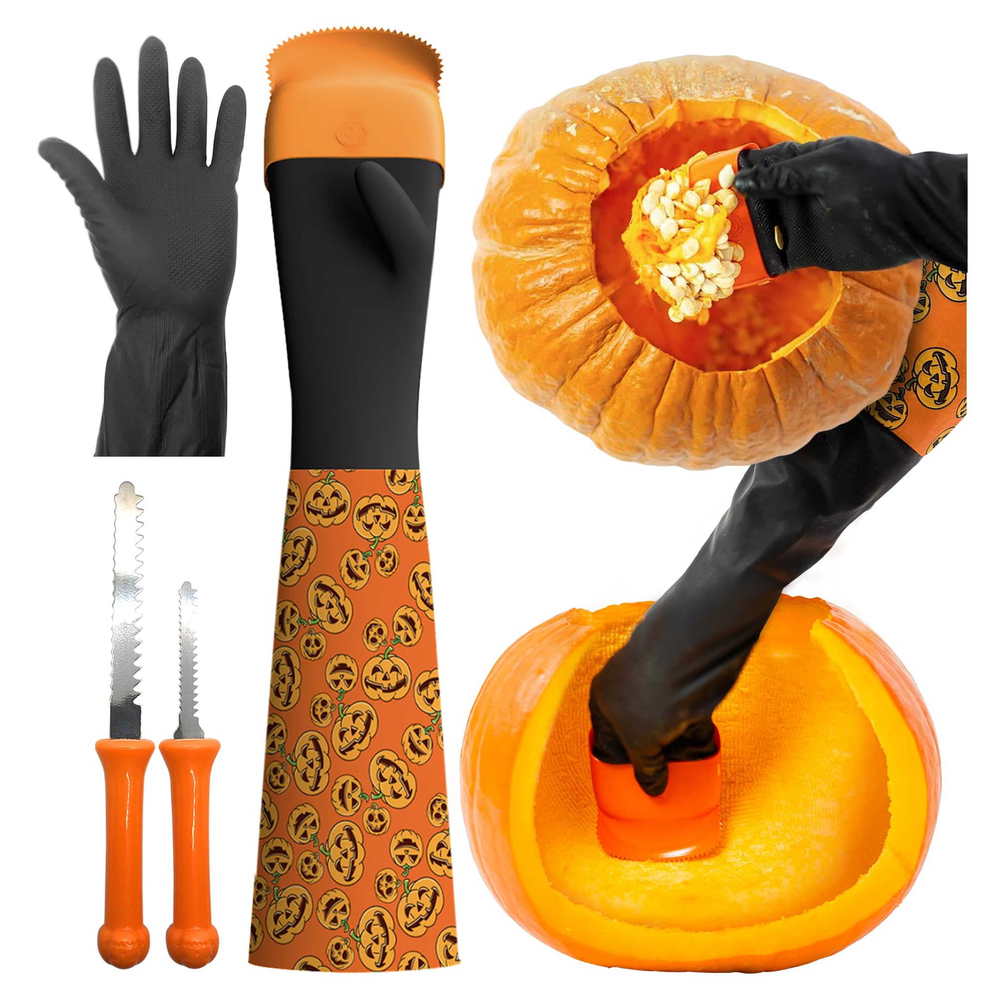 Halloween Moments Pumpkin Scraper Glove – As Seen On Shark Tank - Mess Free and Fun Pumpkin Carving Kit – Carve and Clean Jack-O-Lantern Guts with Ease and Zero Mess on Your Hands!