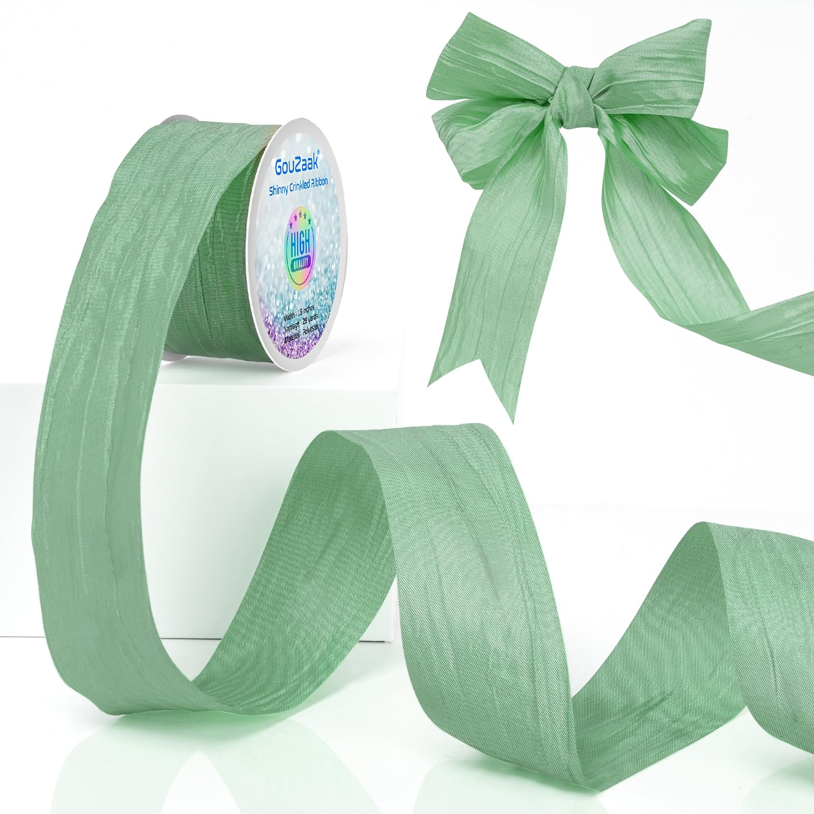 GouZaak 1.5 Inch x 25 Yards Sage Green Fabric Crinkled Ribbon,Silk-Like Wrinkled Ribbons,for Gift Wrapping Basket Wreaths Bows Making Home Event Decor