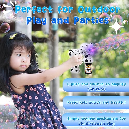 Miniatura 5 de Dálmata - Lanzador de burbujas con luces LED, sonido y 2 botellas de solución de burbujas, pistolas eléctricas de burbujas Forest & Twelfth para