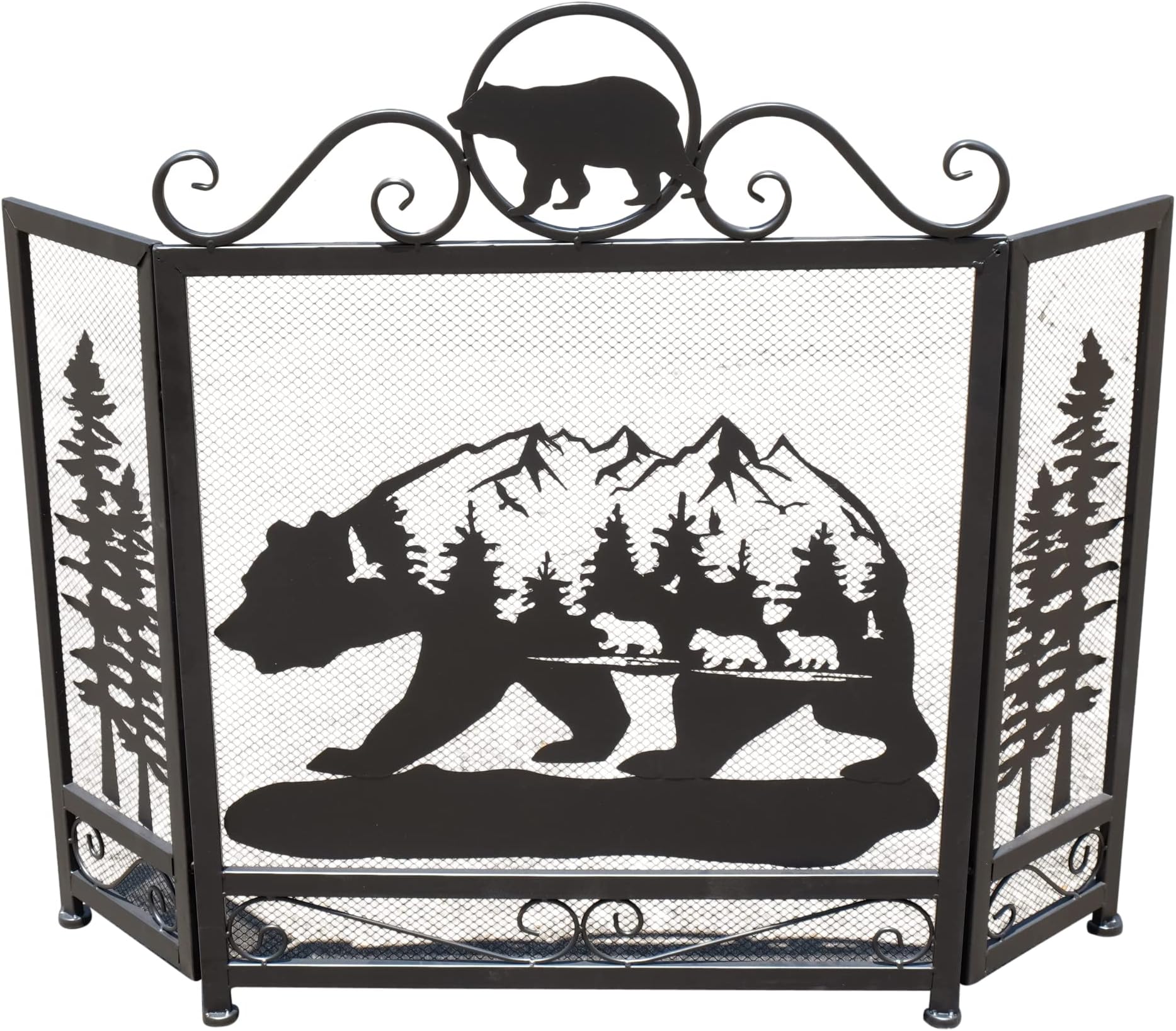 Bear Mountain Scenic Forest Heavy Black Metal 3-Panel Decorative Fireplace Screen