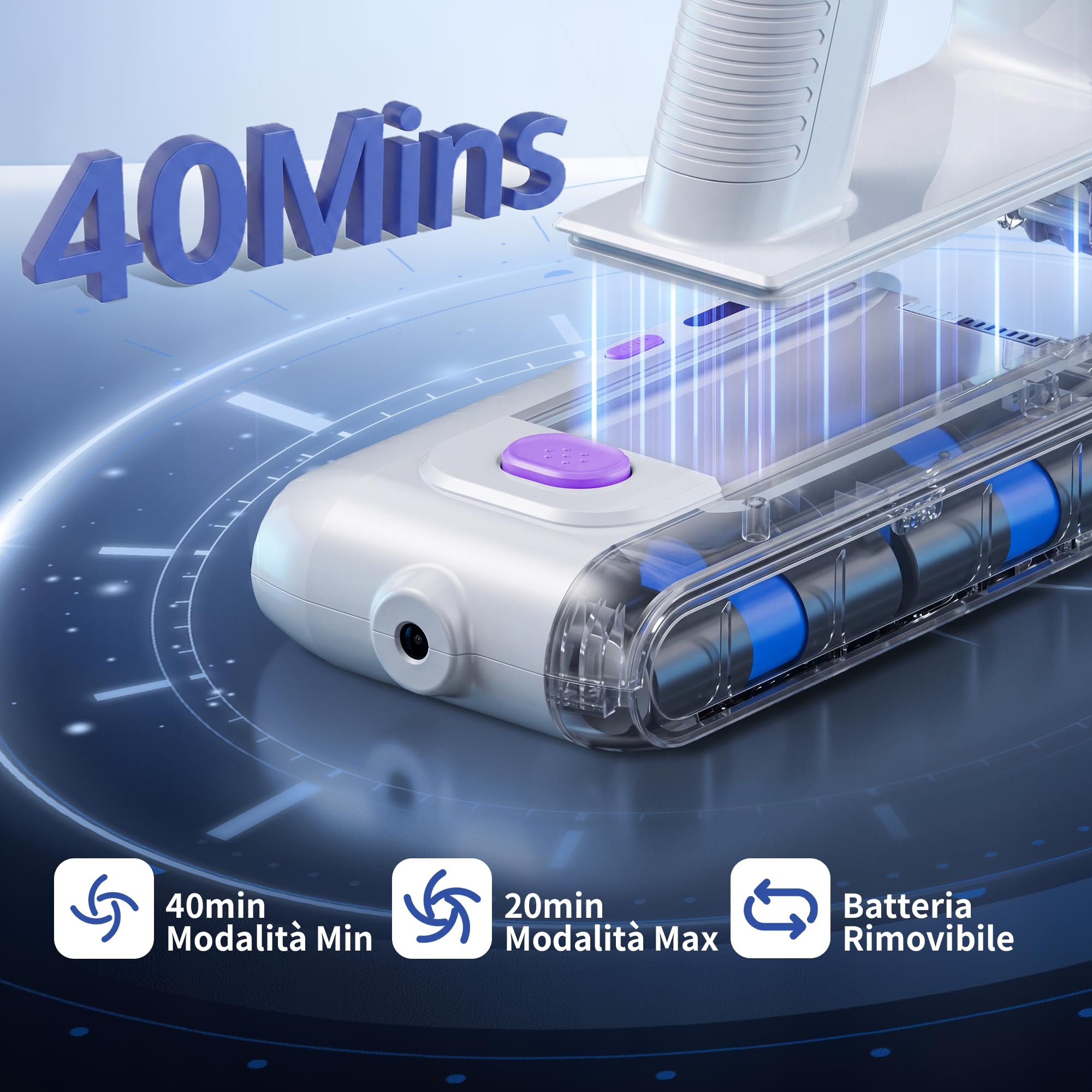 Hearten Aspirapolvere senza Fili con Tubo & Spazzola Triangolare, 40000Pa/450W/40Min, Display LED, Spazzola Antigroviglio Avanzata, Leggera, Autoportante, Silenzioso, per Peli/Pavimenti(Viola-bianco)