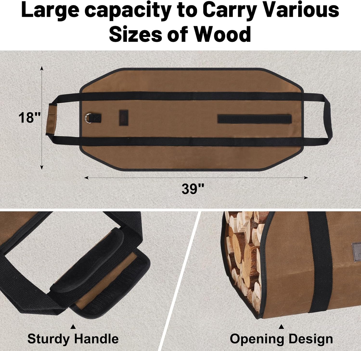 FEED GARDEN Firewood Carrier Bag Heavy Duty Waxed Canvas Log Carrier for Firewood Large Log Tote Fire Wood Carrying Bag with Handles for Easy Transport Carrying and Wood Stove Accessories - Image 2