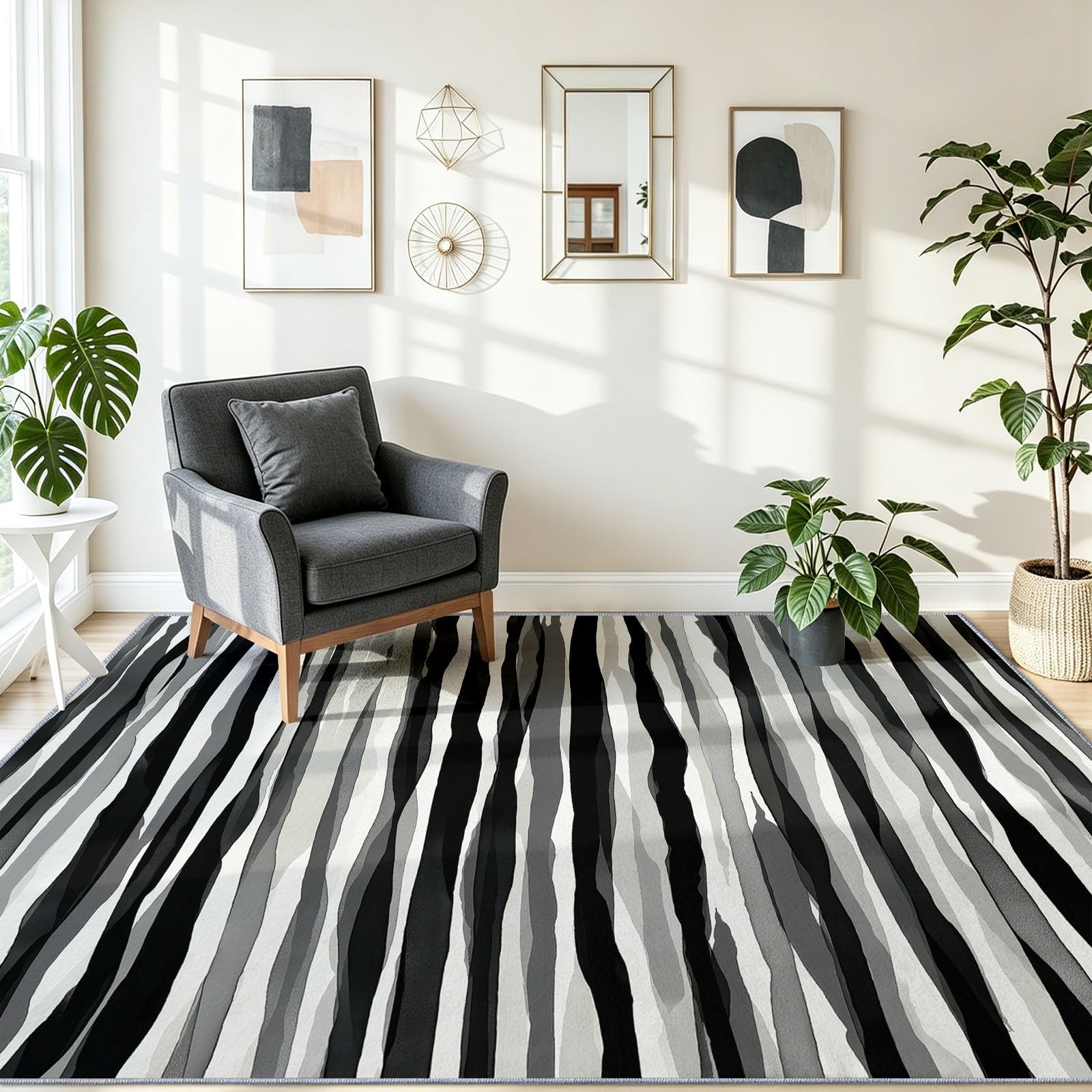 Générique Tapis de Salon 140 x 200 cm, Rayé Faible Poil Antidérapant avec Minimaliste Moderne Lignes Dégradé Imprimé Tapis Chambre pour la Chambre à Coucher, Le Bureau à Domicile, Noir Et Blanc
