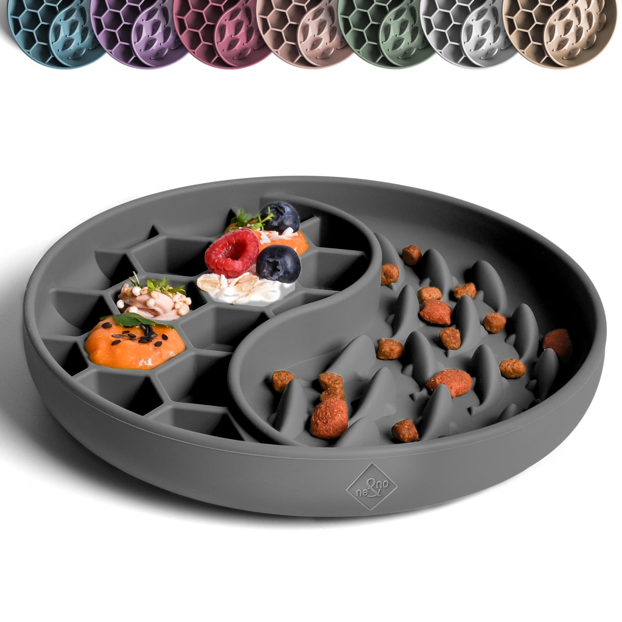 ne&no® Anti Schling Napf für Hunde und Katzen I Slow Feeder I Leckmatte Hund mit großem Saugnapf I Schleckmatte Katze für Nassfutter und Trockenfutter (Graphite Grey)