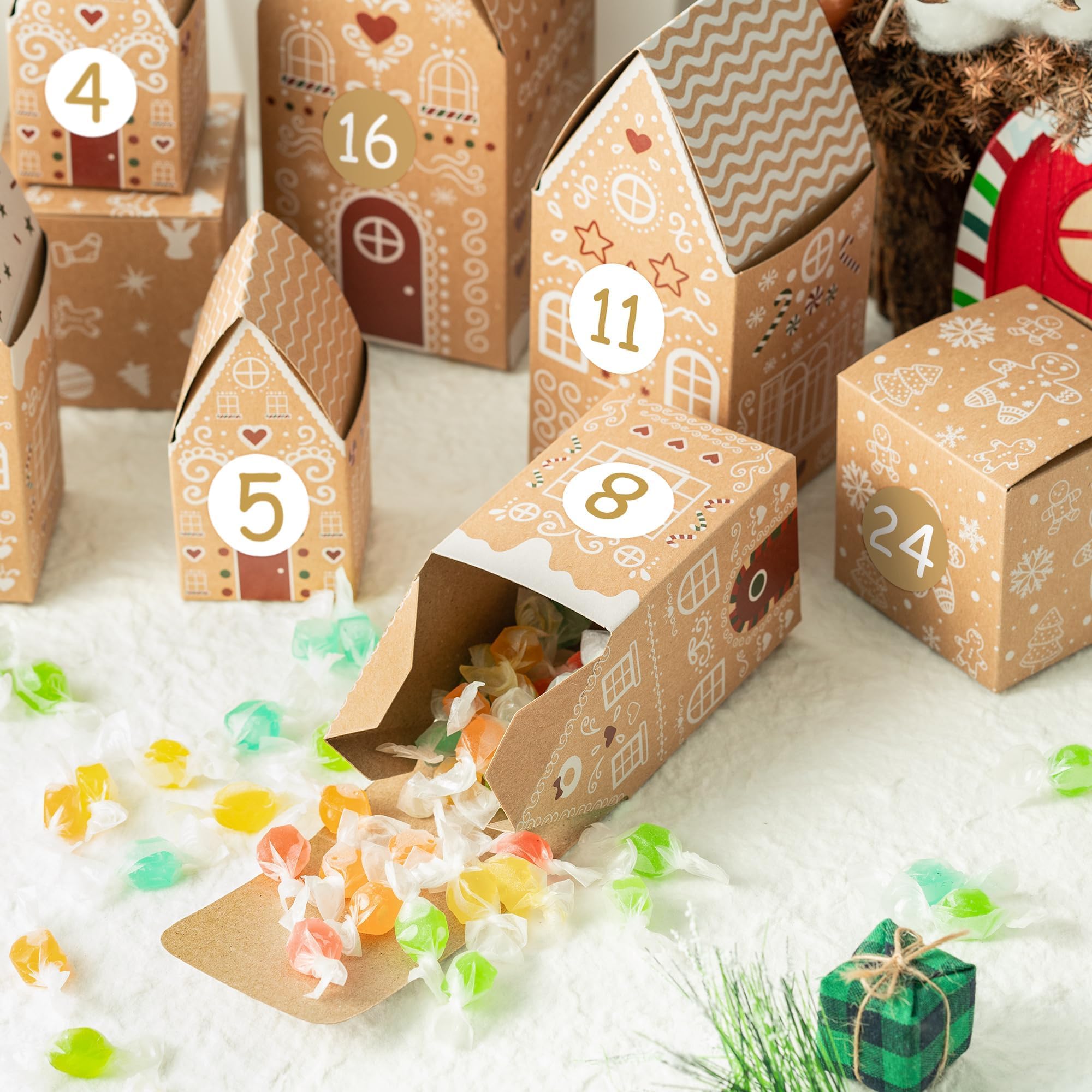 28Pcs Weihnachten Adventskalender Süßigkeiten Leckereien Boxen Leere Adventskalender Boxen zum Befüllen 24 Tage Weihnachten Advent Countdown Nummer Label Aufkleber Geschenkboxen Lebkuchenhaus