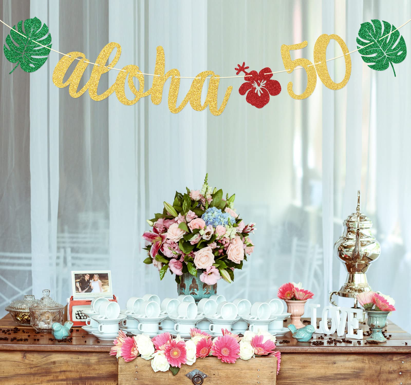 Aloha 50 pancartas hawaianas 50 cumpleaños, decoraciones de fiesta Aloha, decoraciones de fiesta de cumpleaños tropical Luau, decoraciones de hojas de palma, purpurina verde dorado