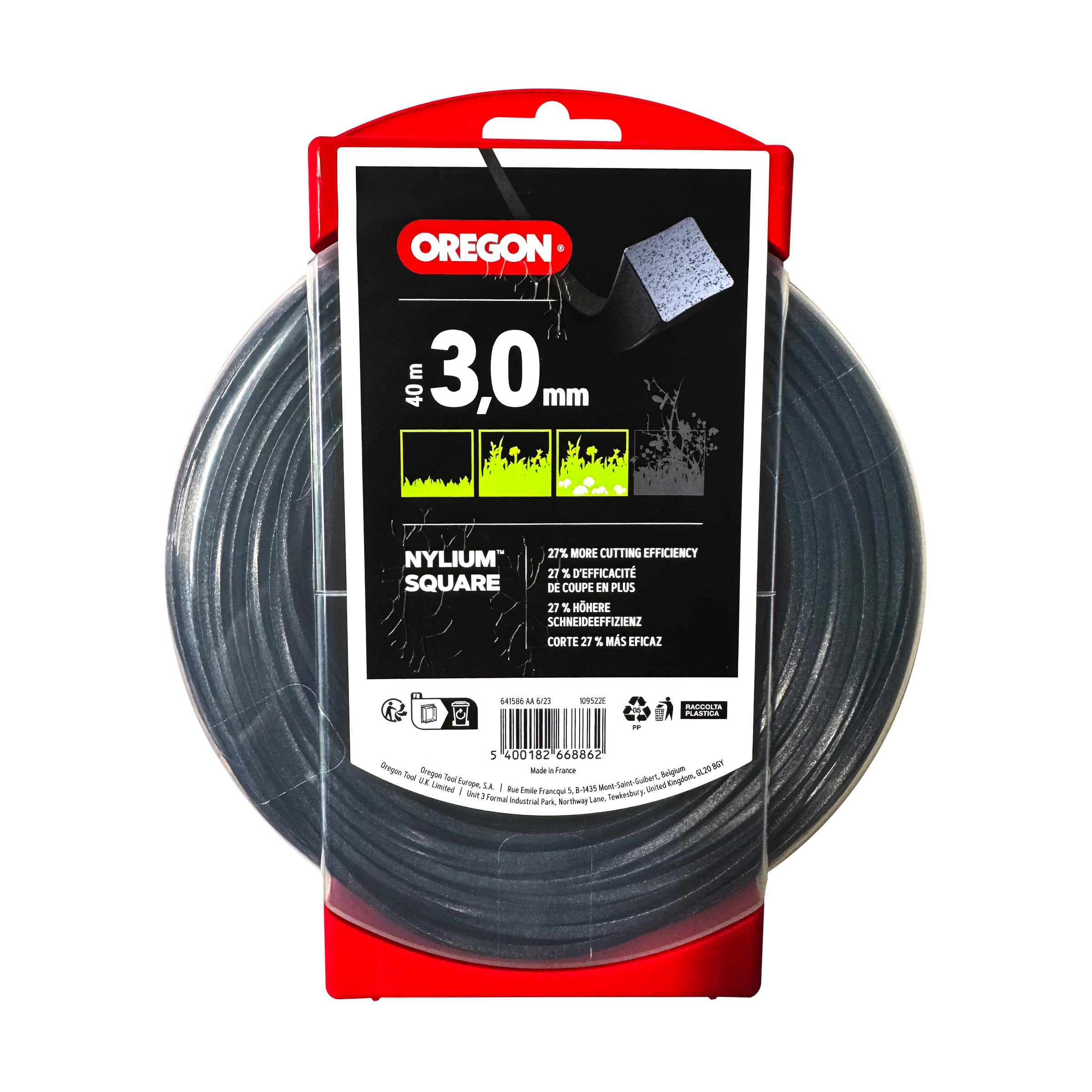 Oregon Hilo Cuadrado de Corte para Desbrozadora 3mm, Hierba, Maleza, Vegetación y más, Hilo de Nylon de Gran Resistencia, Compatible con la Mayoría de Modelos Estándar, 3.0mm x 40m (109522E)