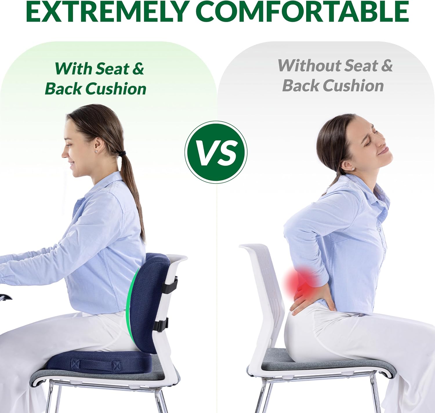 Charcoal Memory Foam Seat Cushion & Adjustable Lumbar Pillow Set - Back Support for Pain Relief (Sciatica,Tailbone),Washable & Non-Slip,Multipurpose for Office,Car,Wheelchair - Navy Blue - Image 7