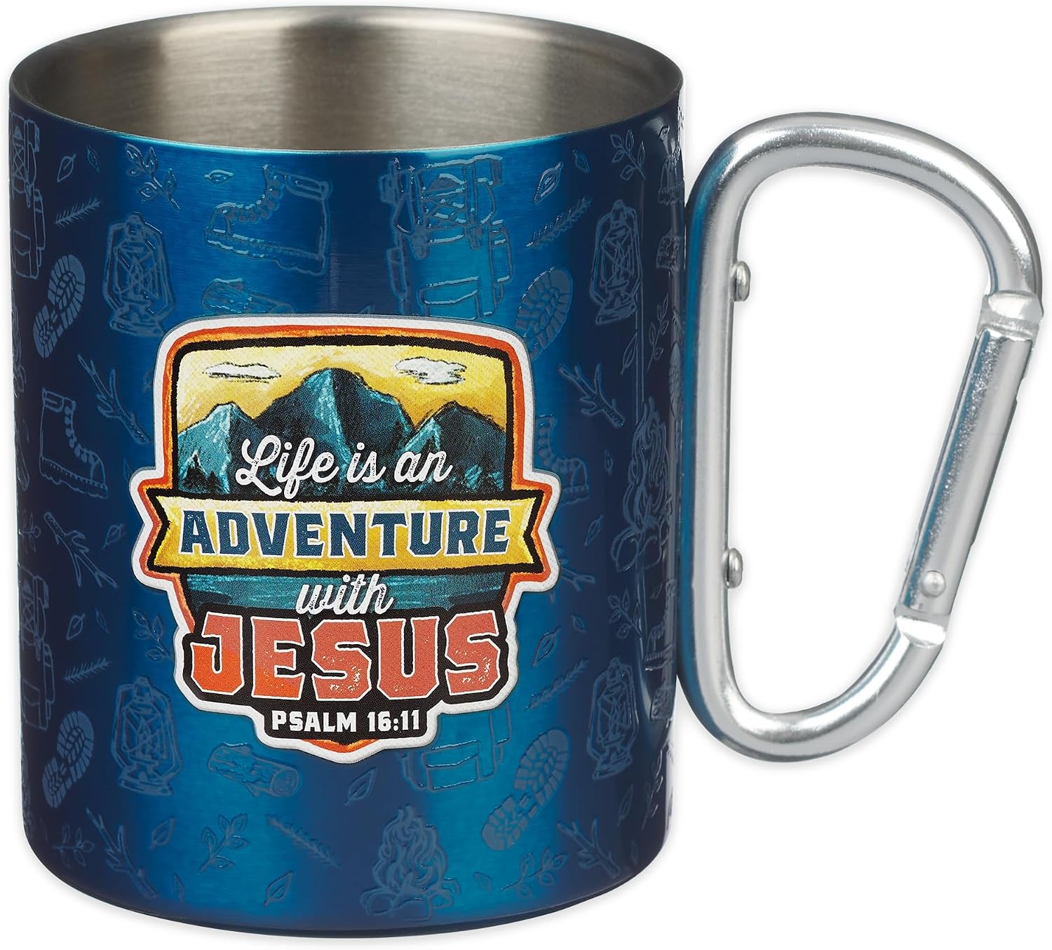 Christian Art Gifts Stainless Steel Double-Wall Insulated Glow in the Dark Camp Style Mug with Carabiner Style Handle for Kids: Adventure with Jesus Inspirational Bible Verse, Blue Multicolor, 9 oz.