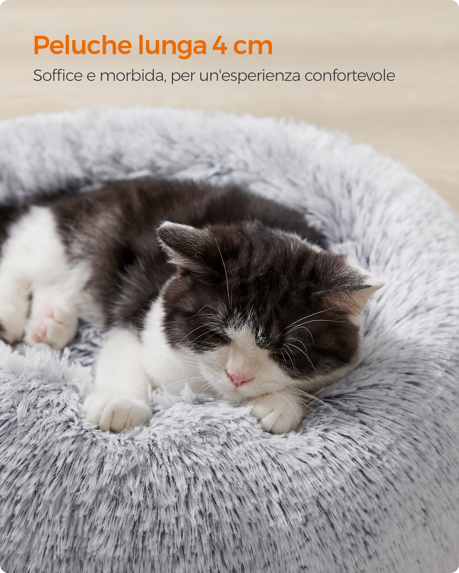 Feandrea Cuccia Cane Interno, Cuccia per Cani, Lettino per Animali Domestici a Ciambella, Cuscino Sfoderabile e Lavabile, Tappeto di Peluche, Diametro 40 cm, Grigio Ombré PGW036G01