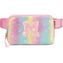 Birthday Gifts for 5 6 7 8 9 10 11 12 Year Old Her Girl Teens Kids, Glitter Initial Letter Fanny Pack for Girls Travel Essential, Personalized Belt Crossbody Bag Trendy Stuff, Rainbow M