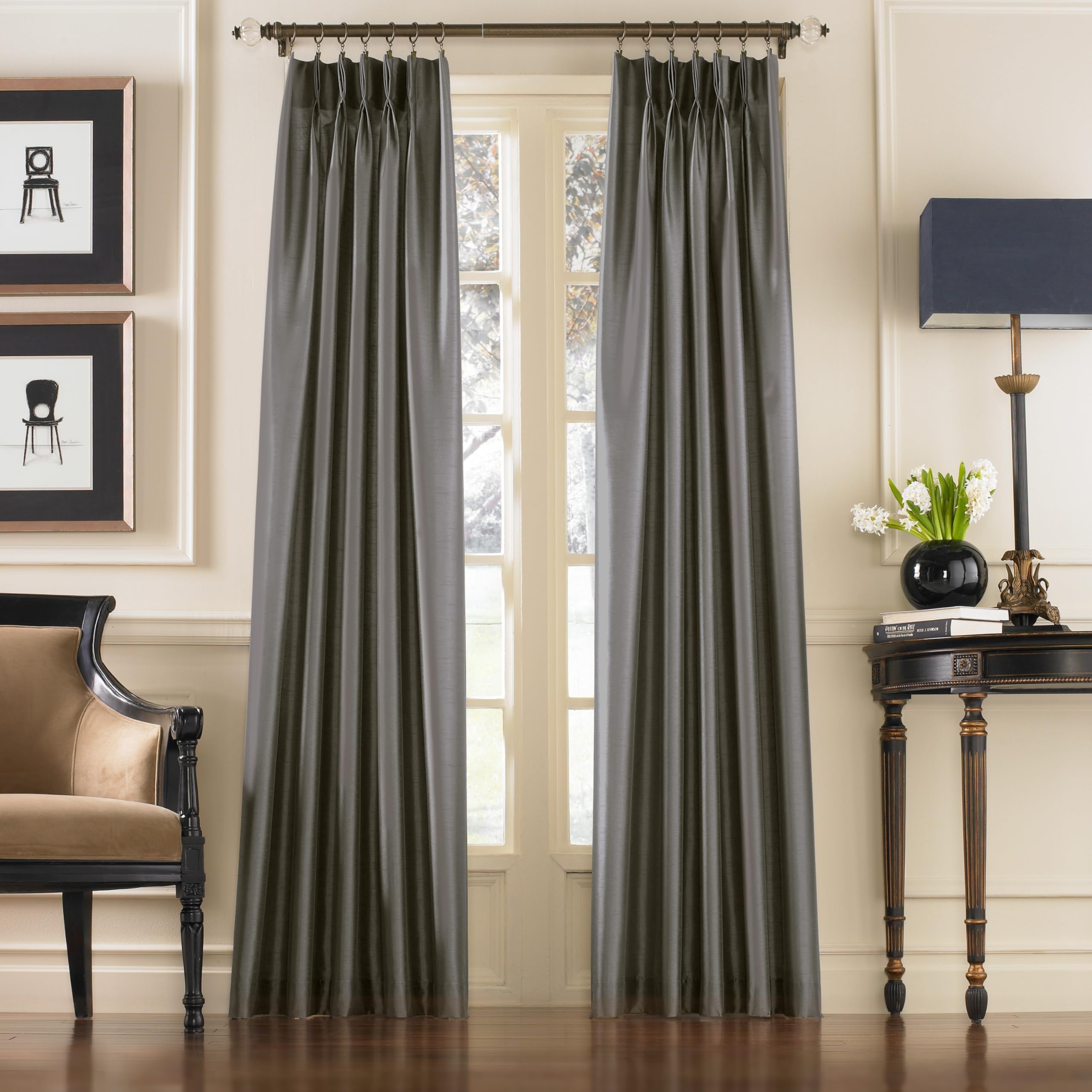 Curtainworks Marquee Faux Silk Pinch Pleat Curtain, 1 Panel, 30 by 95", Pewter