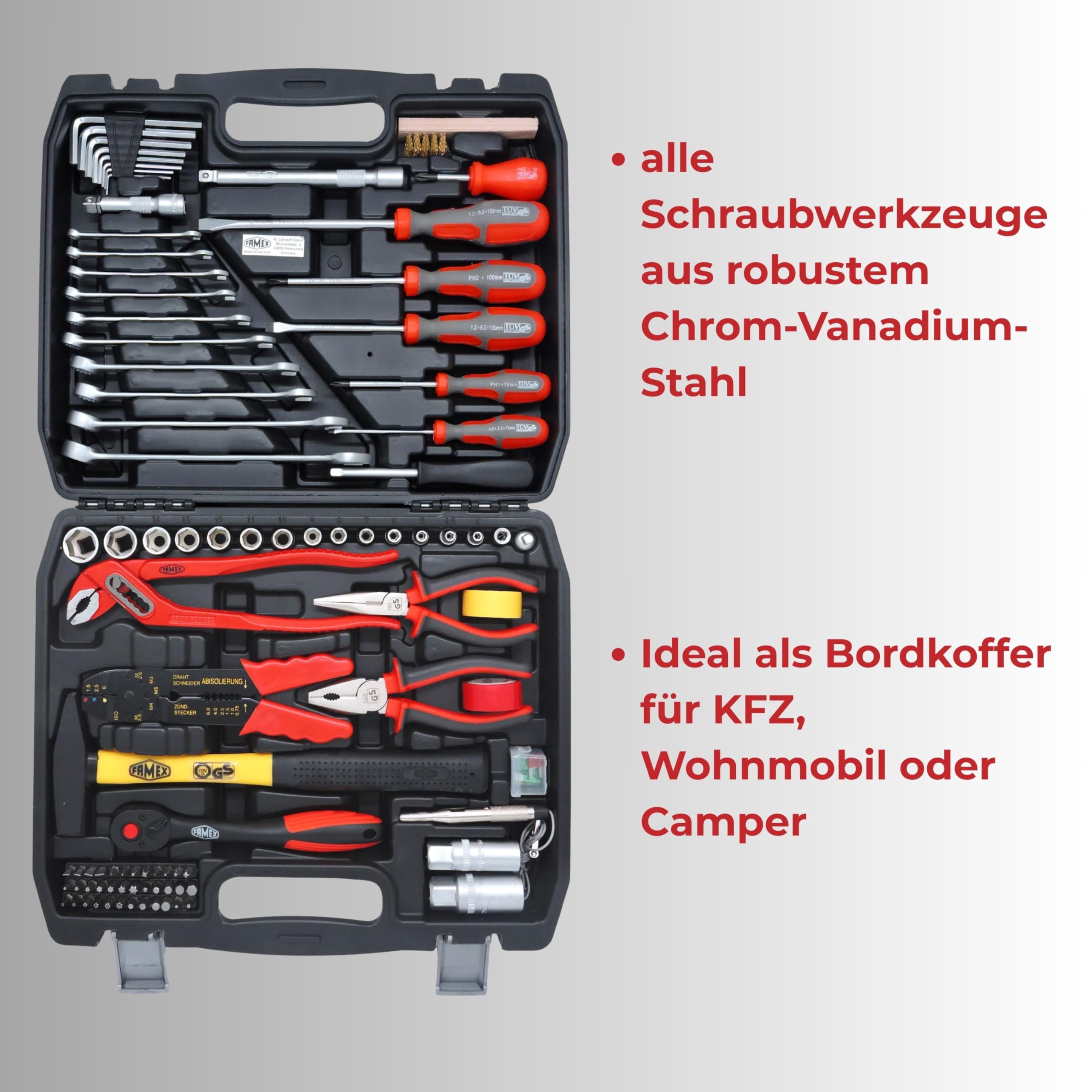 FAMEX 144-50 Werkzeugkoffer gefüllt bestückt mit hochwertigem Werkzeug Set - mit Steckschlüsselsatz, alle Schraubwerkzeuge Chrom-Vanadium, kompakt, ideal als Bordkoffer für Kfz Wohnmobil Camper