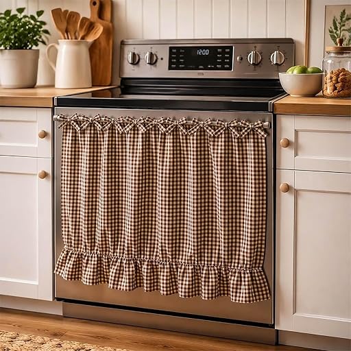 LOSOZO Oat Handmade Oven Skirt for Farmhouse Kitchen Décor, Oven Curtain Tie Top Decorative Cabinet Dish Washer Oven Curtains, Ruffled Fabric Appliance Cover with Ribbon Ties