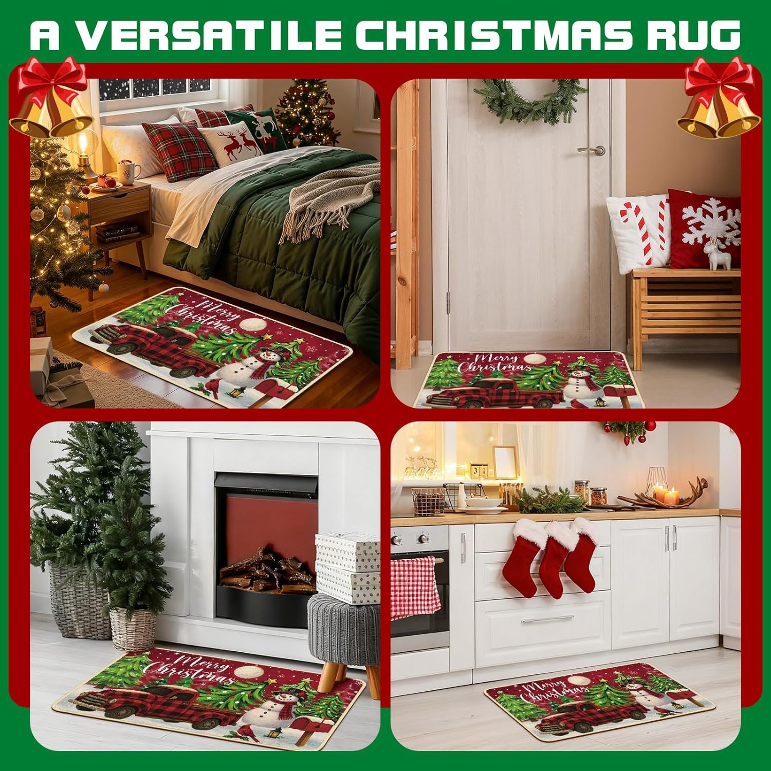 Hahafelt Christmas Door Mat Rug Outdoor 36'' x 24'' Merry Christmas Front Doormat Non Slip Washable Red Truck Welcome Mats Buffalo Plaid Snowman Xmas Tree Retro Floor Doormat Home Entryway Decor