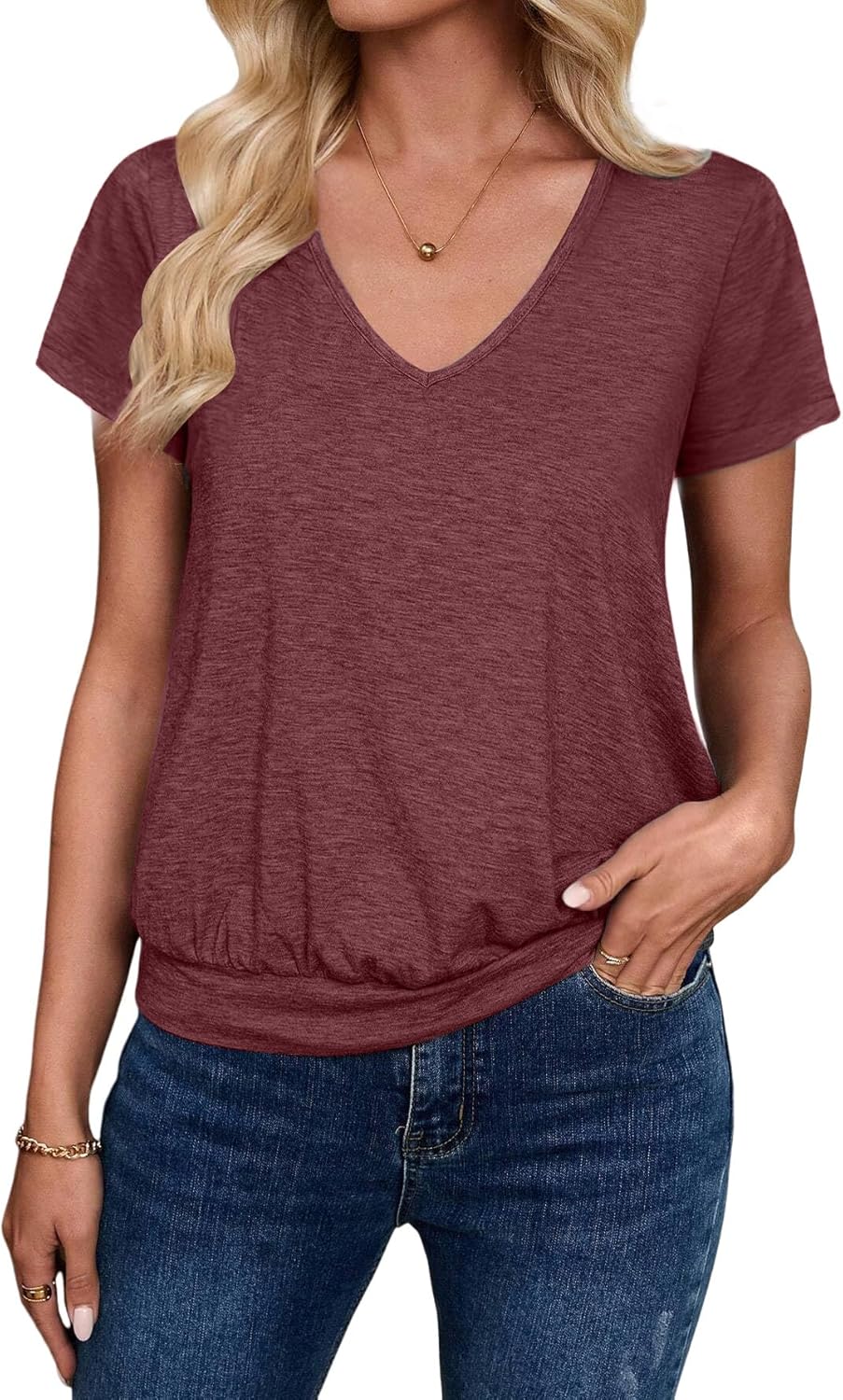 Short Sleeve Women T Shirts V Neck Tops Fashion Banded Bottom Tops Summer Spring Outfits Beach Vacation Clothes 2026