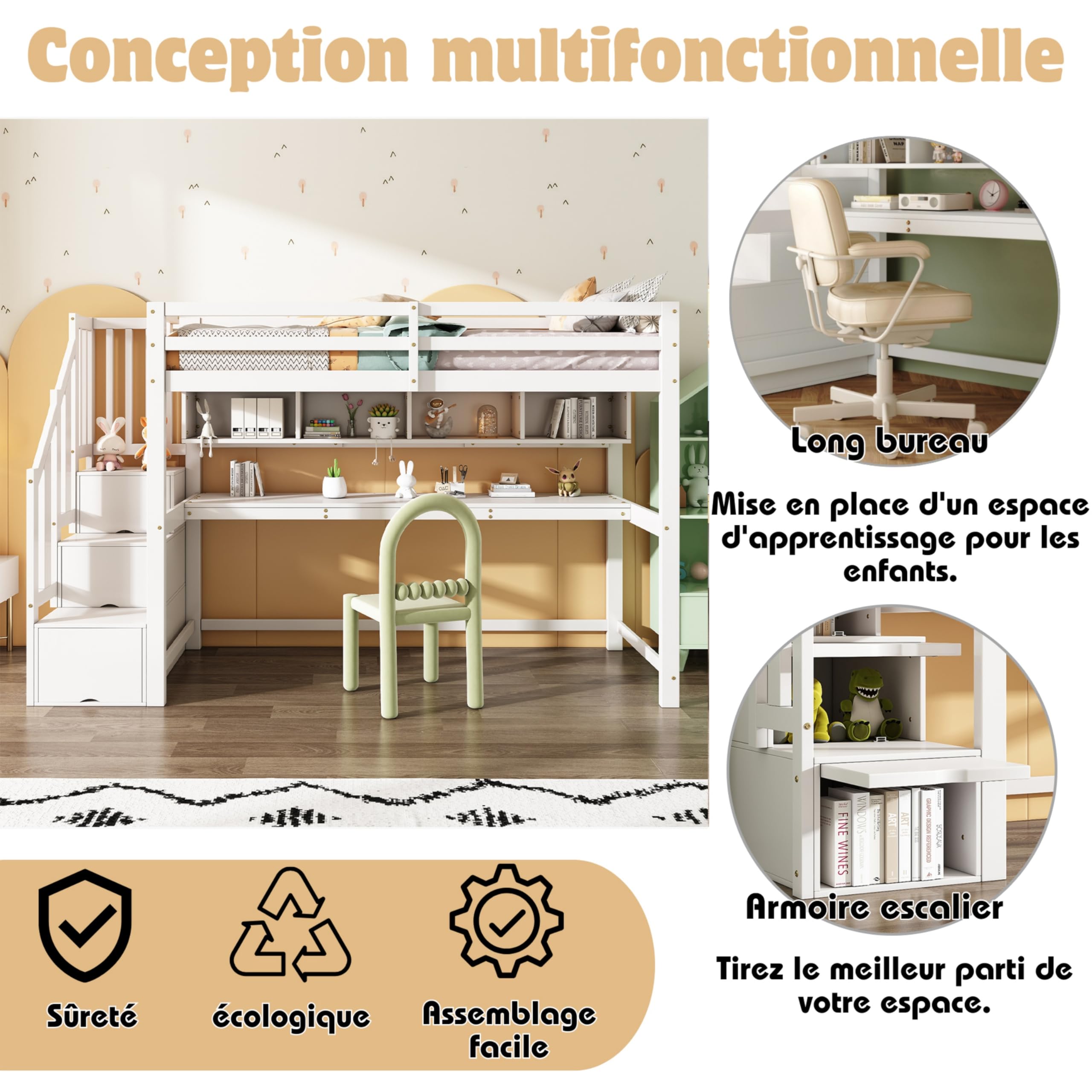 Sapgaks Lit superposé Enfant 90 x 200 avec Bureau et étagères,lit cabane Enfants 90 x 200,lit Mezzanine 1 Places avec Barriere,avec escalier de Rangement,Blanc