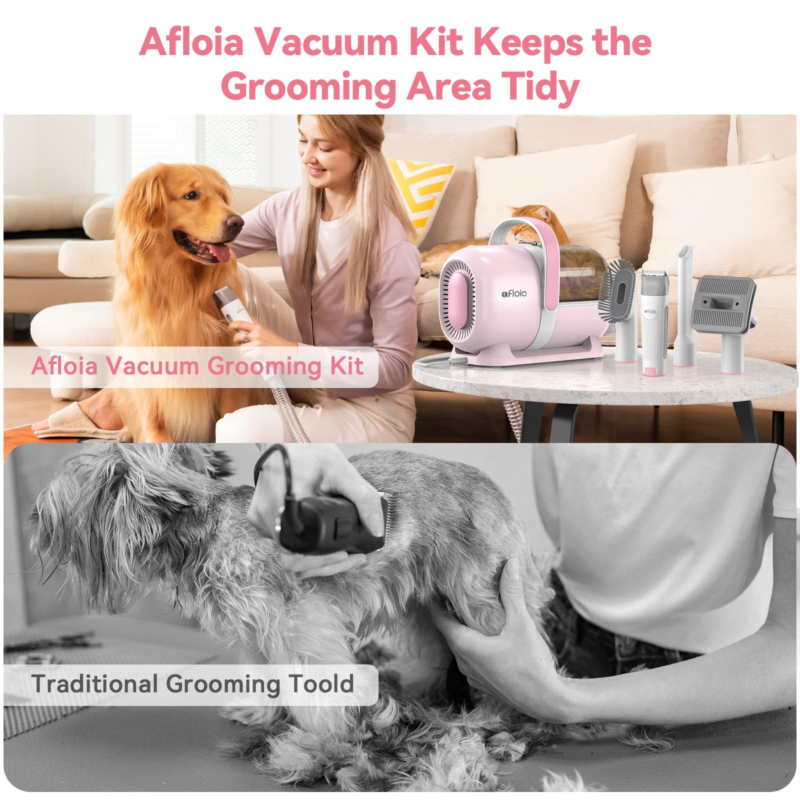 Afloia Kit de aseo para perros, aspiradora de aseo de mascotas y cortaúñas para perros, molinillo de uñas y cepillo para perros para desprendimiento de 7 herramientas de aseo para mascotas, removedor