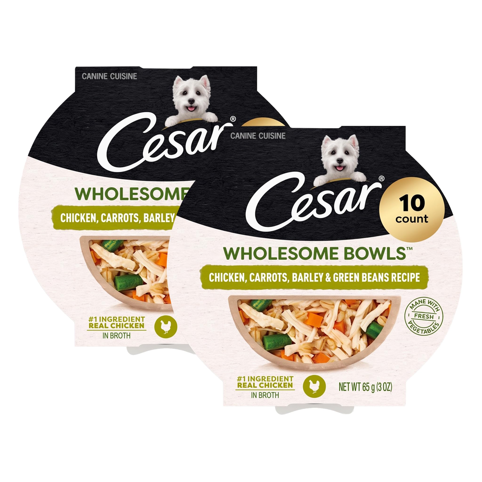 Cesar Wholesome Bowls Adult Wet Dog Food,Chicken,Carrots,Barley &amp; Green Beans Recipe,Wet Food for Dogs,3 Oz. Bowls,10 Count (Pack of 2)