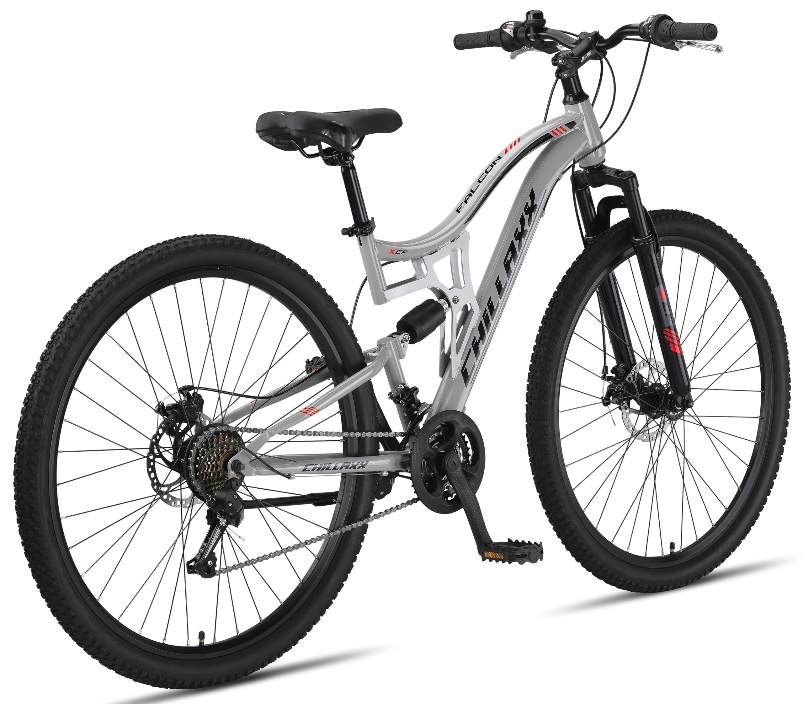 Chillaxx Falcon VTT de 24, 26, 27,5 et 29″, pour garçons, filles, femmes et hommes, frein à disque, dérailleur à 21 vitesses, suspension complète