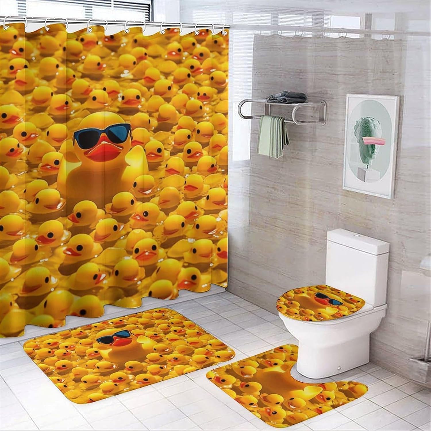 Yellow Rubber Duck with Sunglasses Shower Curtain Set 4 Piece, Non-Slip Bath Mat with Toilet Lid Cover and Waterproof Shower Curtain with 12 Hooks, Complete Bathroom Set for Home Decor