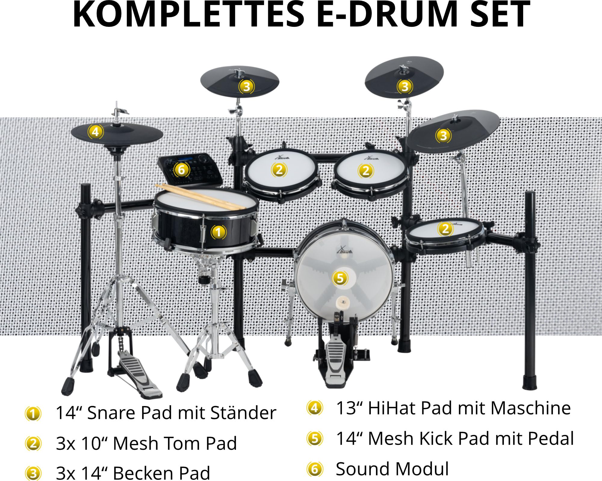 XDrum DD-650 Mesh E-Drum Kit Set, 1x pad cassa 14" con cassa in legno | Batteria elettronica con mesh heads a doppio strato, 1x pad rullante 14" dual-zone con cassa in legno, Modulo, Sgabello, 5 kg