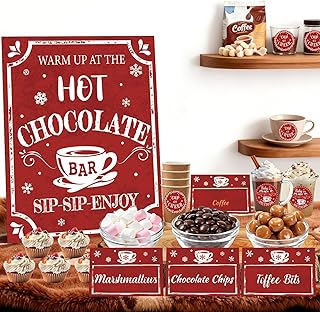 Christmas Hot Chocolate Bar Decorations Kit Hot Cocoa Bar Supplies Sign Merry Xmas Stand Sign 18 Cup Lables Toppings 18 Table Tent Cards Set for Winter Holiday Party Favors Birthday New Year Red