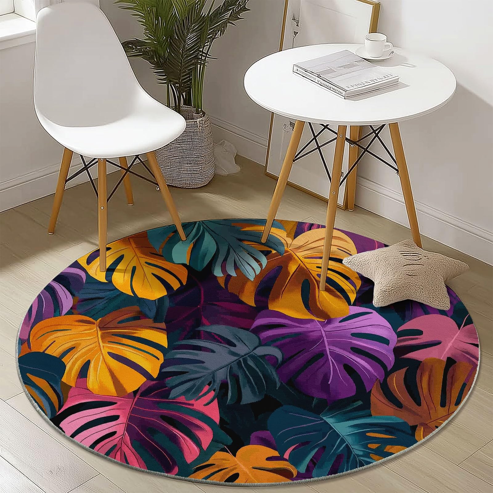 Generisch Teppiche für Wohnzimmer Rund, Abstrakte Tropische Blätter Drucken Teppich Schlafzimmer Groß Flanell Flauschig Weich rutschfest Fußmatte Waschbar für Kinderzimmer, Durchmesser 100 cm, Bunt