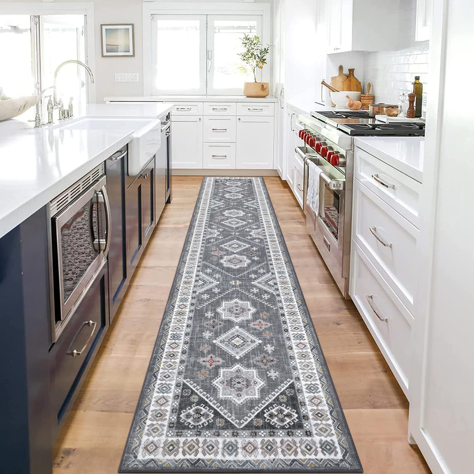 HEBE RUGSBoho Runner 2x10 Ft Vintage Soft Hallway Runner Washable Kitchen Runner Mat Farmhouse Laundry Runner Non Slip Floor Carpet for Entryway Bathroom Bedroom Entrance