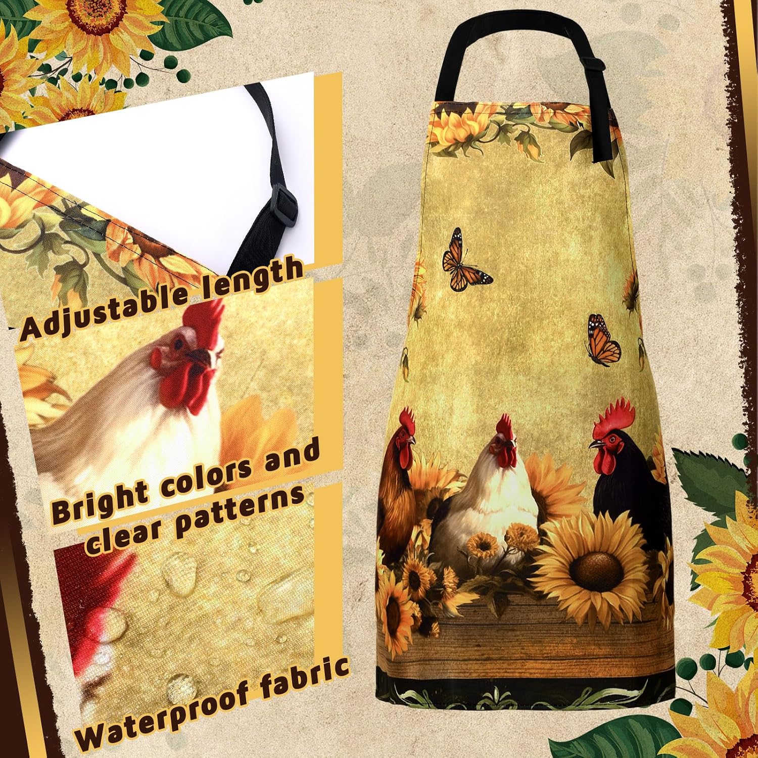 Geetery 4 Pcs Rooster Aprons for Women with Pockets Rustic Farmhouse Apron image 5