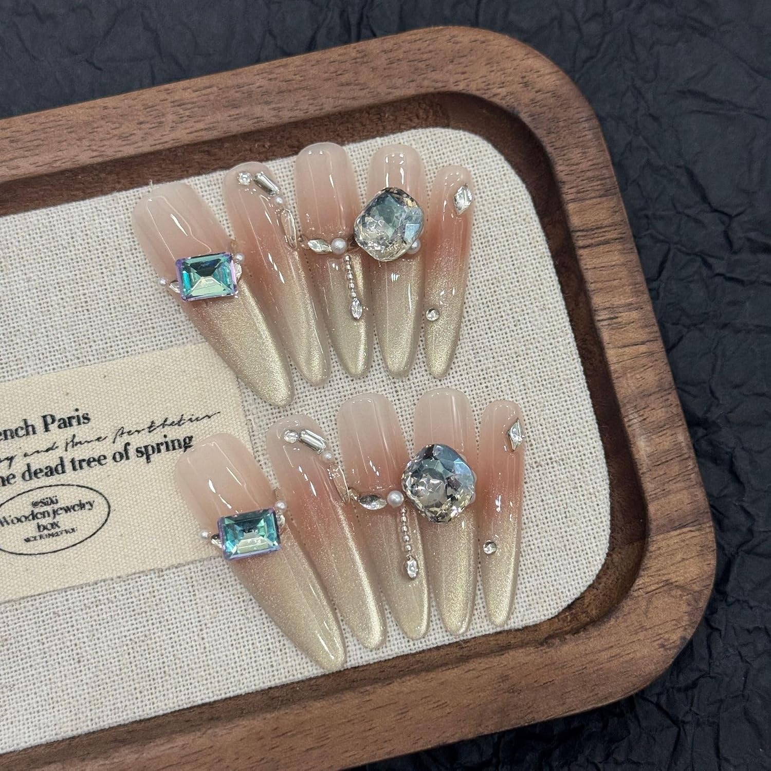 Handmade Blush-Champagne Flash with Cat Eye Blue Green Accent Press On Nails, Includes Application Kit (XS,Stiletto)