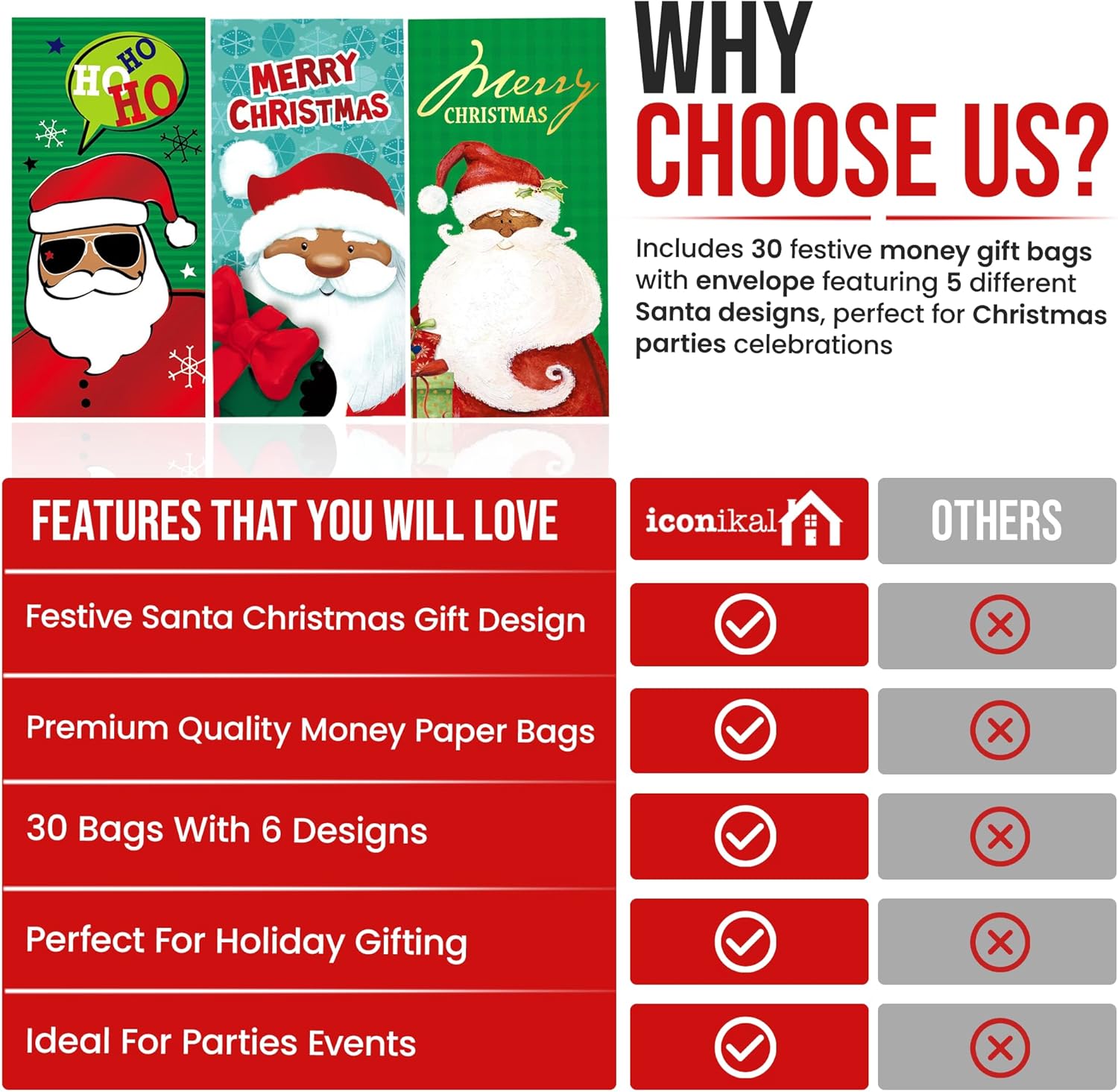 Iconikal 30-Count African American Black Santa Christmas Gift Card Holders with Envelopes, Holiday Money Cash Check - Image 4