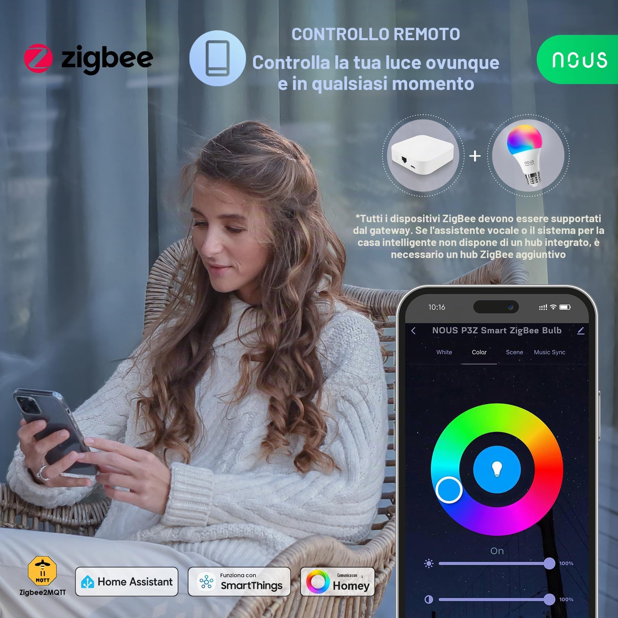 NOUS P3Z, Zigbee Lampadine Led E27 Luce Calda Fredda, Tuya Smart Life Luci Led Rgb, Lampadina Compatibile con Alexa, Google Home Assistant, M2QTT, Luce Intelligente Dispositivi Lampade