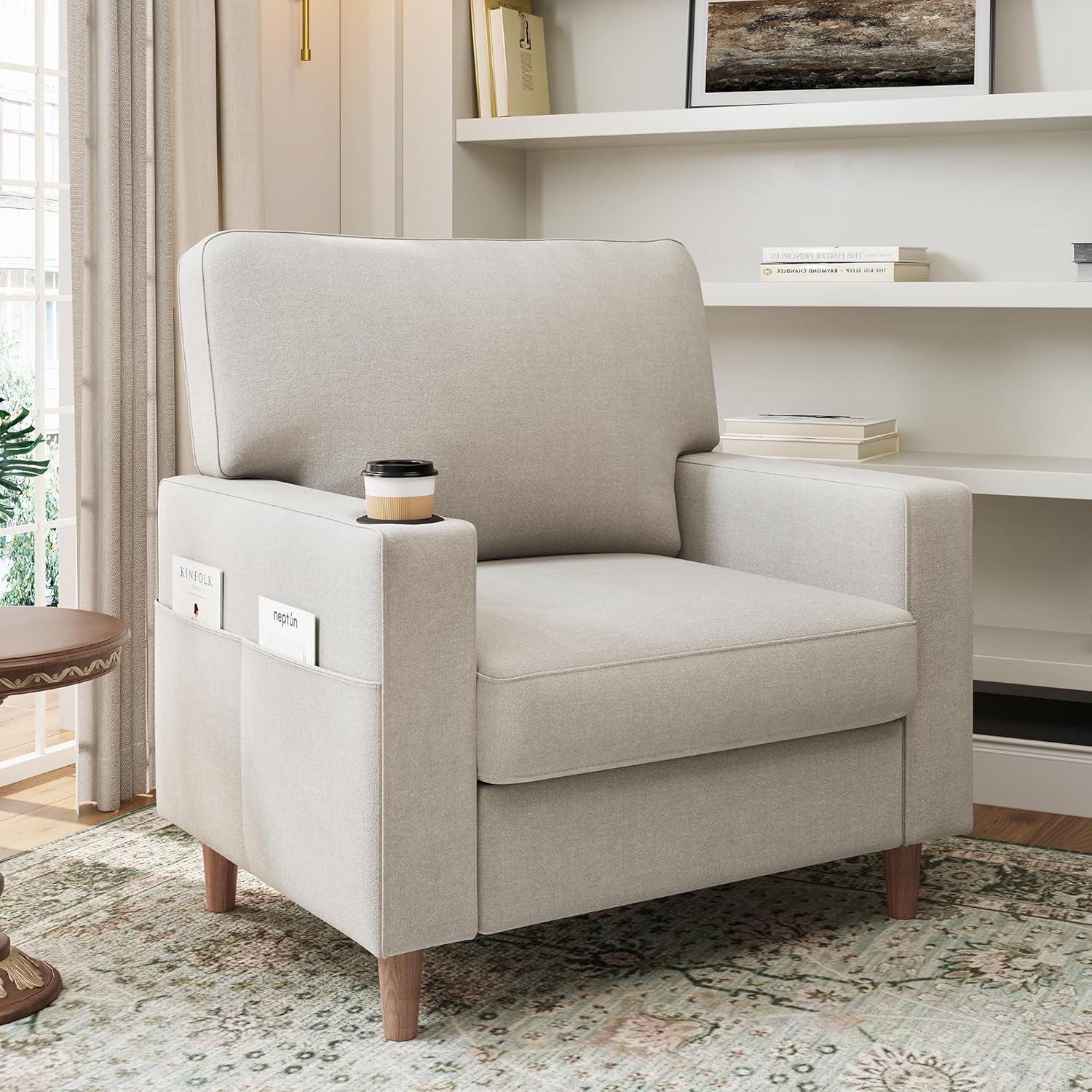 Actinidia Oversized Accent Chair with Cup Holders，Mid Century Modern Upholstered Living Room Chair,High Back Single Sofa Chair，Reading Armchair for Bedroom ，Apartment, Waiting Room ，Office，Beige