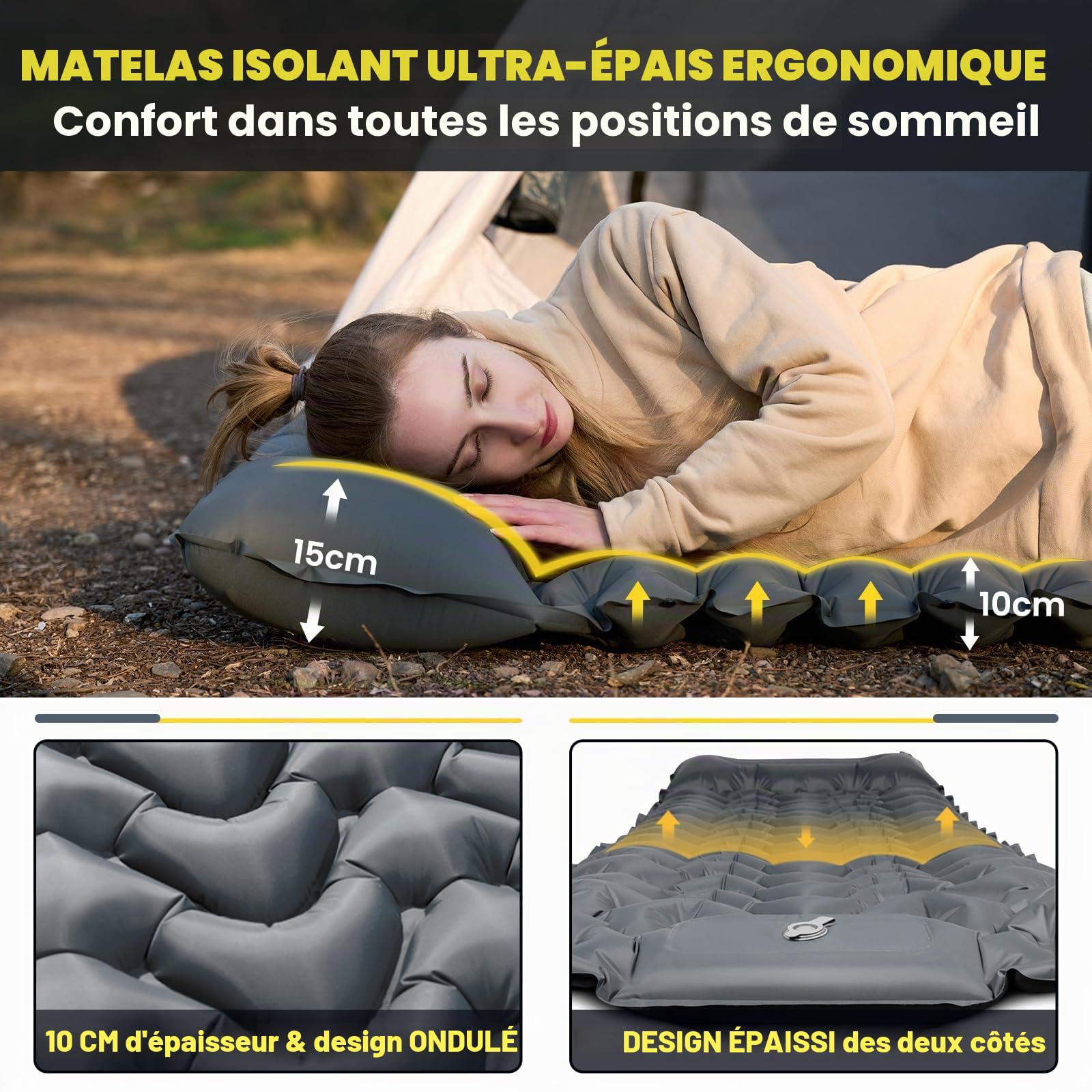 HIKENTURE Matelas de Camping 1 Place Autogonflant 10 cm - avec Pompe à Pied | Portable et Confortable - Matelas Gonflable Pour Camping, Trekking, Plage, Randonnée, Bivouac, Tente - Gris