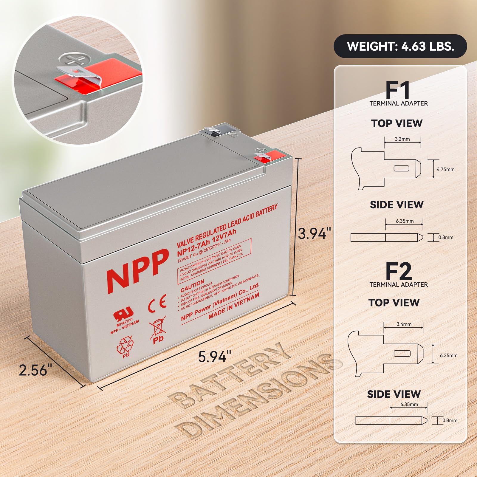 NP12-7Ah AGM Rechargeable Maintenance Valve Regulated Sealed Lead Acid Battery with F2 Terminal Compatible with UPS — view 2