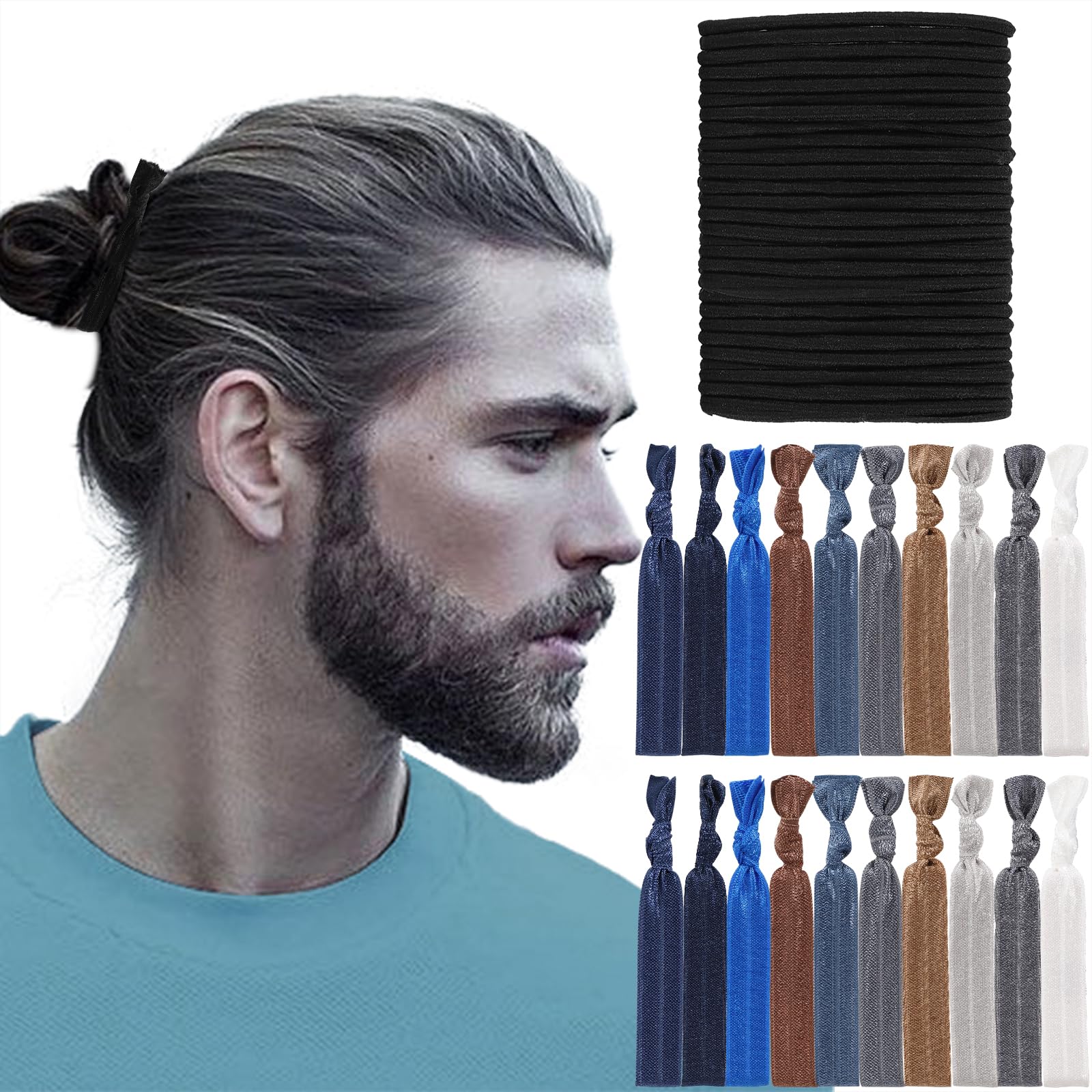 79style Mens No Damage Knotted Elastic Fabric Hair Ties - Flat Ribbon Ponytail Holders for Men's Long Hair (10 Colors)