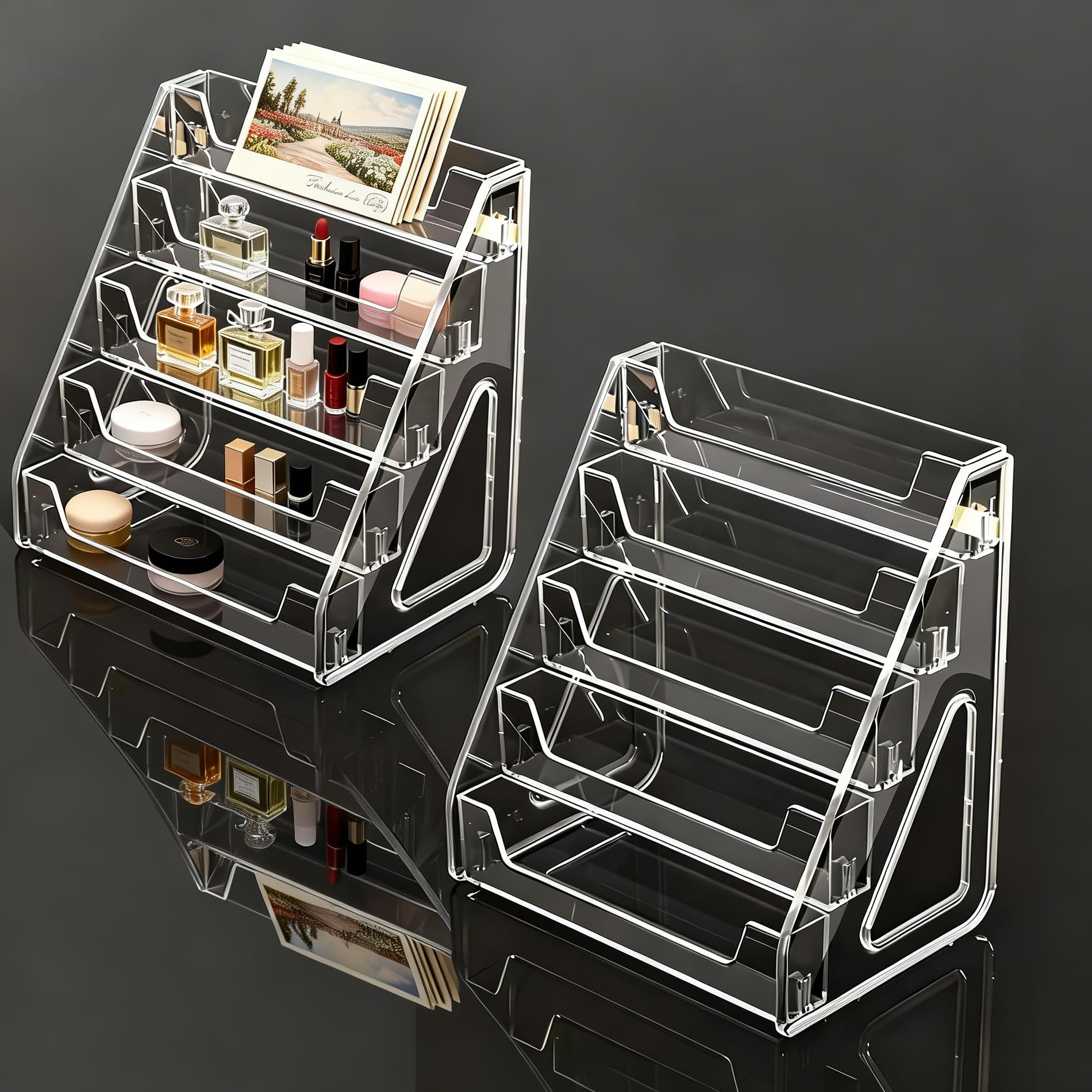 Espositore per Biglietti d'auguri a 5 Livelli, 2 Pezzi Mensola Trasparente in Acrilico per Casa e Ufficio, Organizer Supporti per Espositore Carte Adesivi Brochure Figurine Profumi Cosmetici